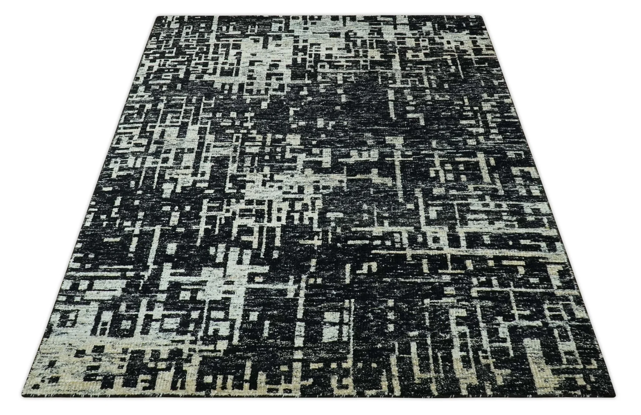 5X8 Hand Knotted Black and Ivory Modern Abstract Contemporary Recycled Silk Area Rug - Image 10