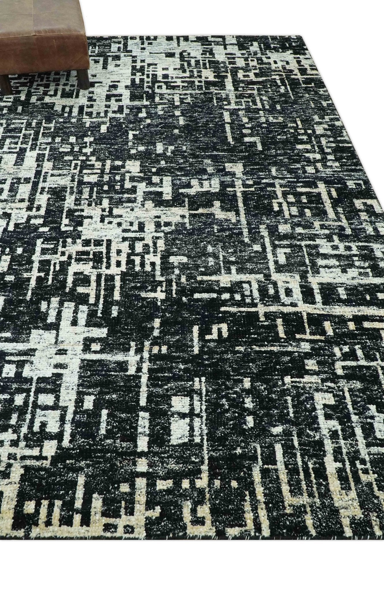 5X8 Hand Knotted Black and Ivory Modern Abstract Contemporary Recycled Silk Area Rug - Image 3