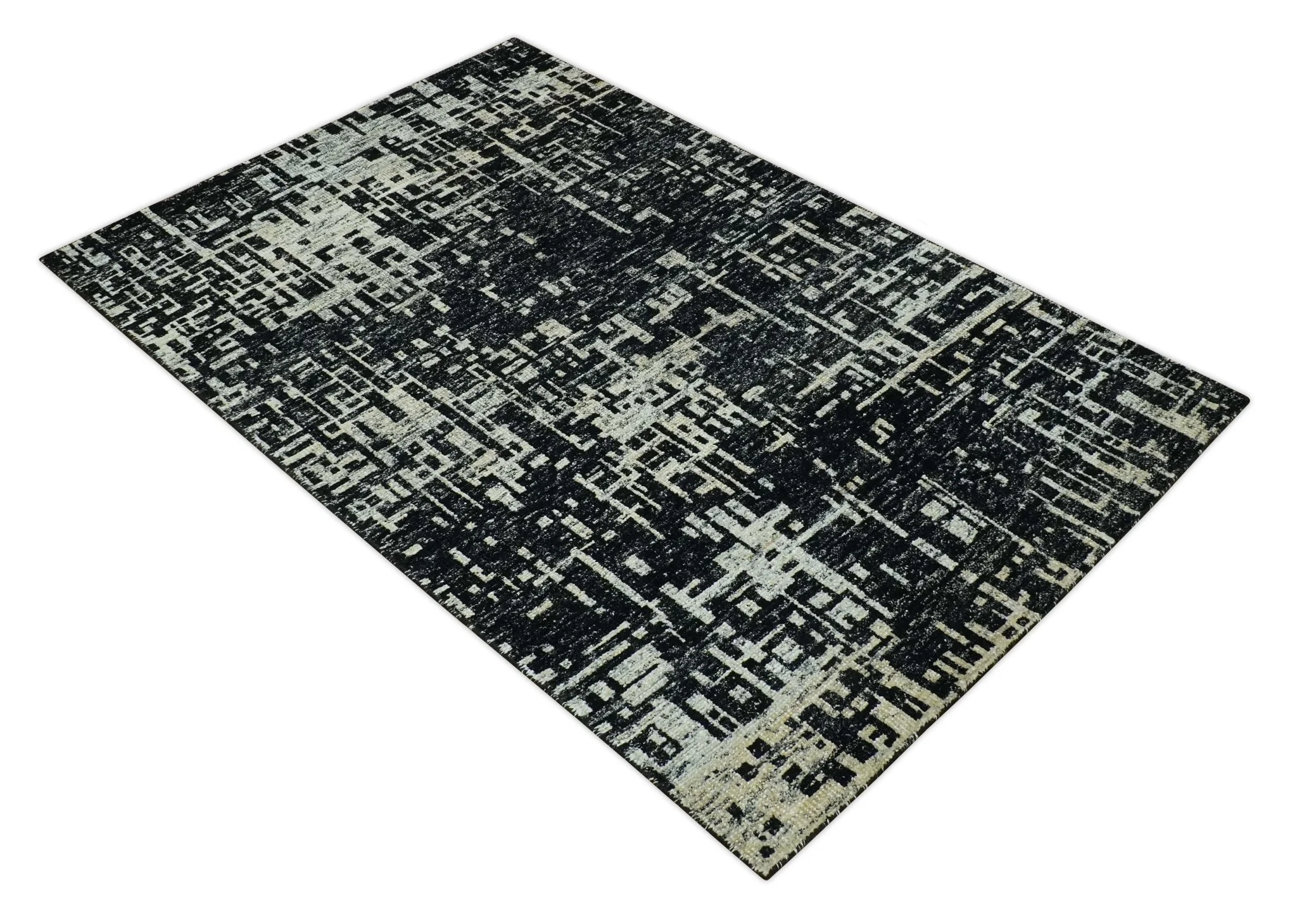 5X8 Hand Knotted Black and Ivory Modern Abstract Contemporary Recycled Silk Area Rug - Image 9