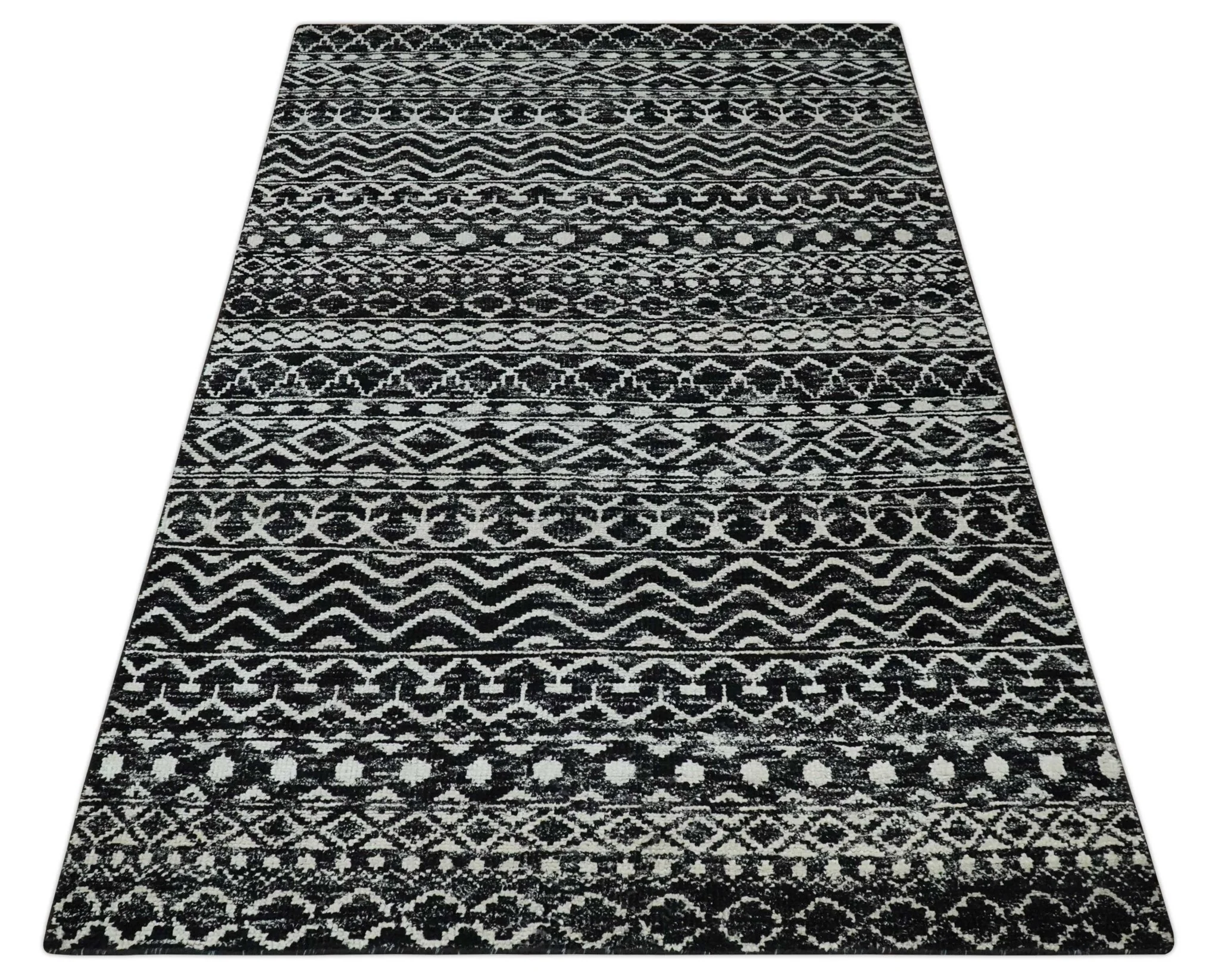 Hand Knotted Black and Ivory Modern Contemporary Tribal Trellis Recycled Silk Area Rug - Image 10