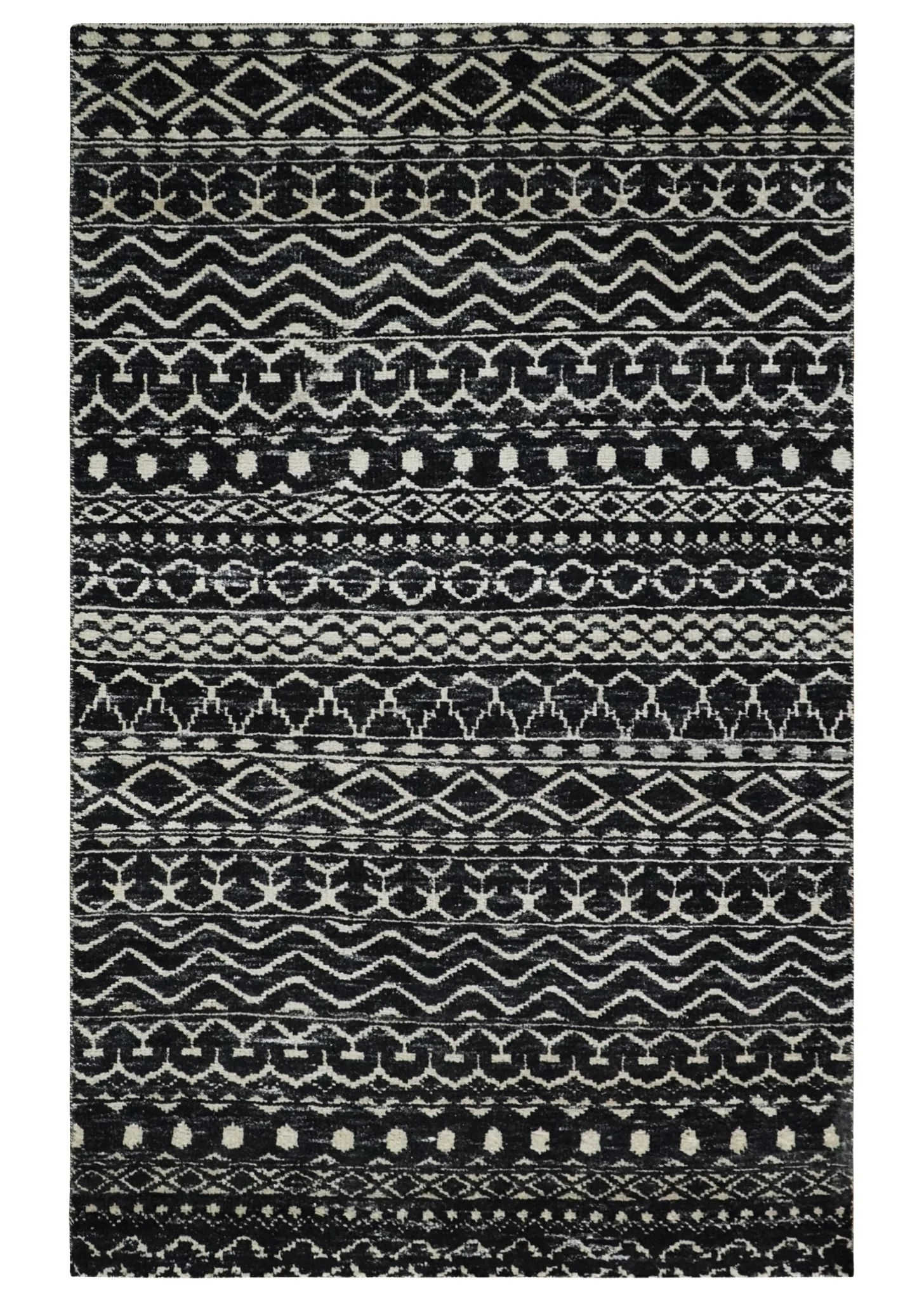 Hand Knotted Black and Ivory Modern Contemporary Tribal Trellis Recycled Silk Area Rug - Image 11