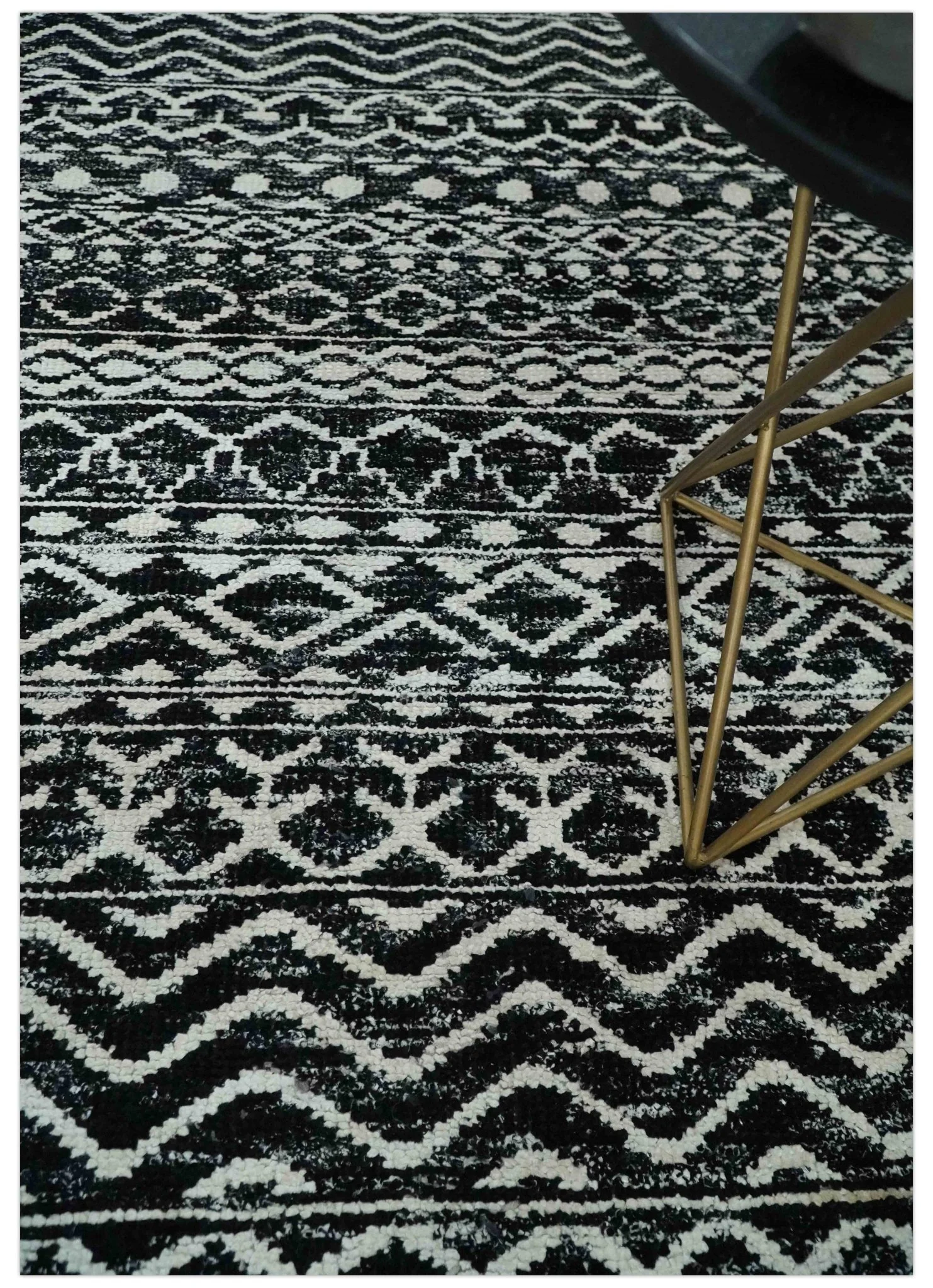 Hand Knotted Black and Ivory Modern Contemporary Tribal Trellis Recycled Silk Area Rug - Image 2