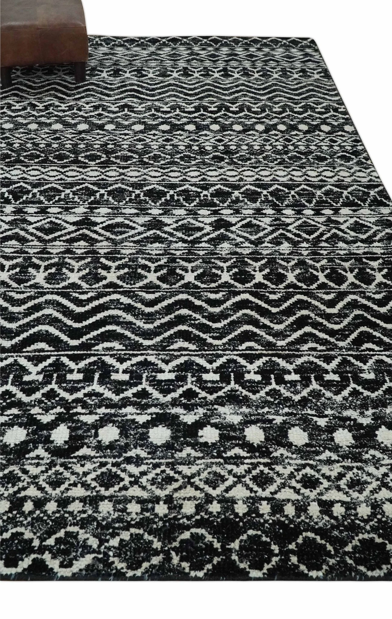 Hand Knotted Black and Ivory Modern Contemporary Tribal Trellis Recycled Silk Area Rug - Image 3