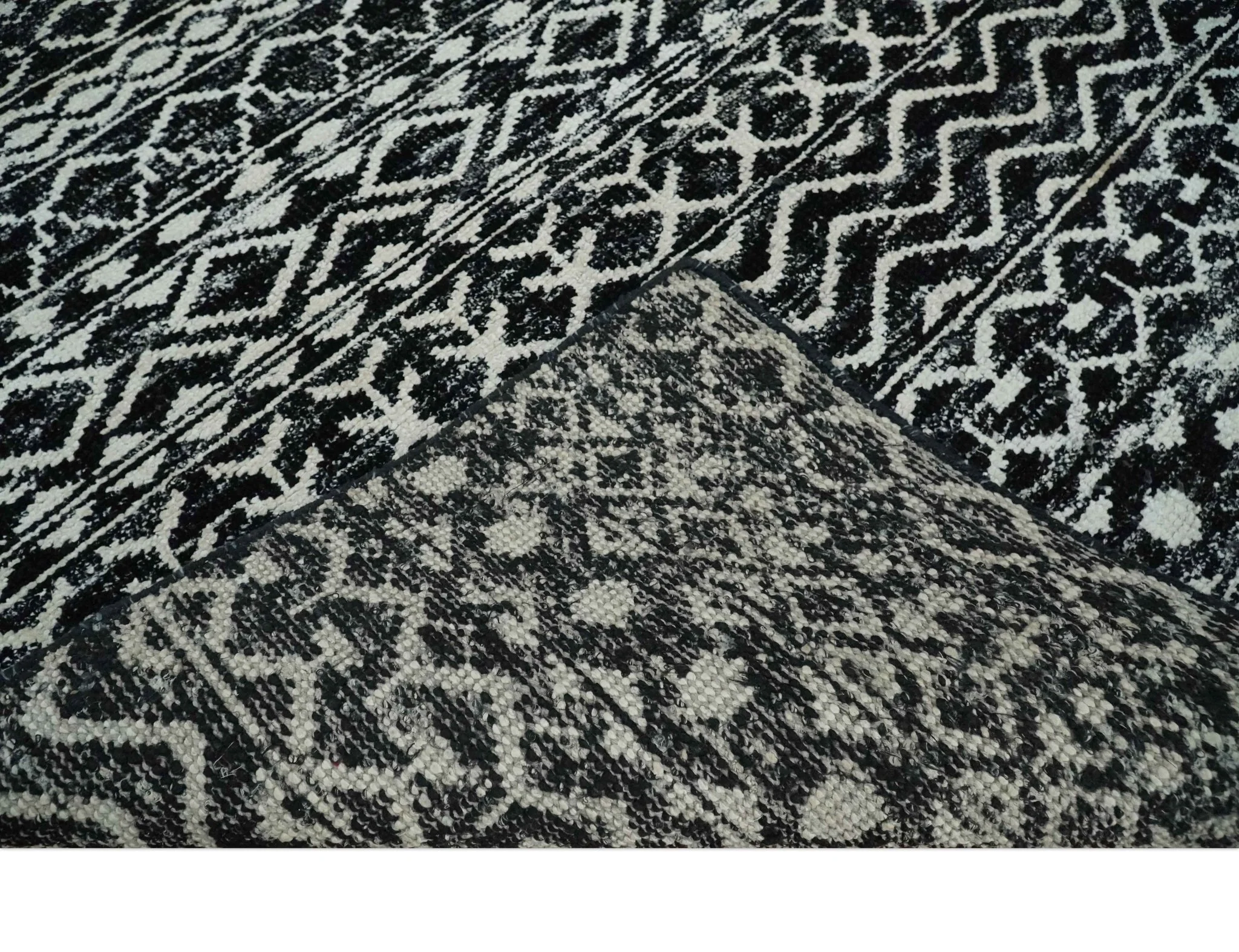 Hand Knotted Black and Ivory Modern Contemporary Tribal Trellis Recycled Silk Area Rug - Image 7