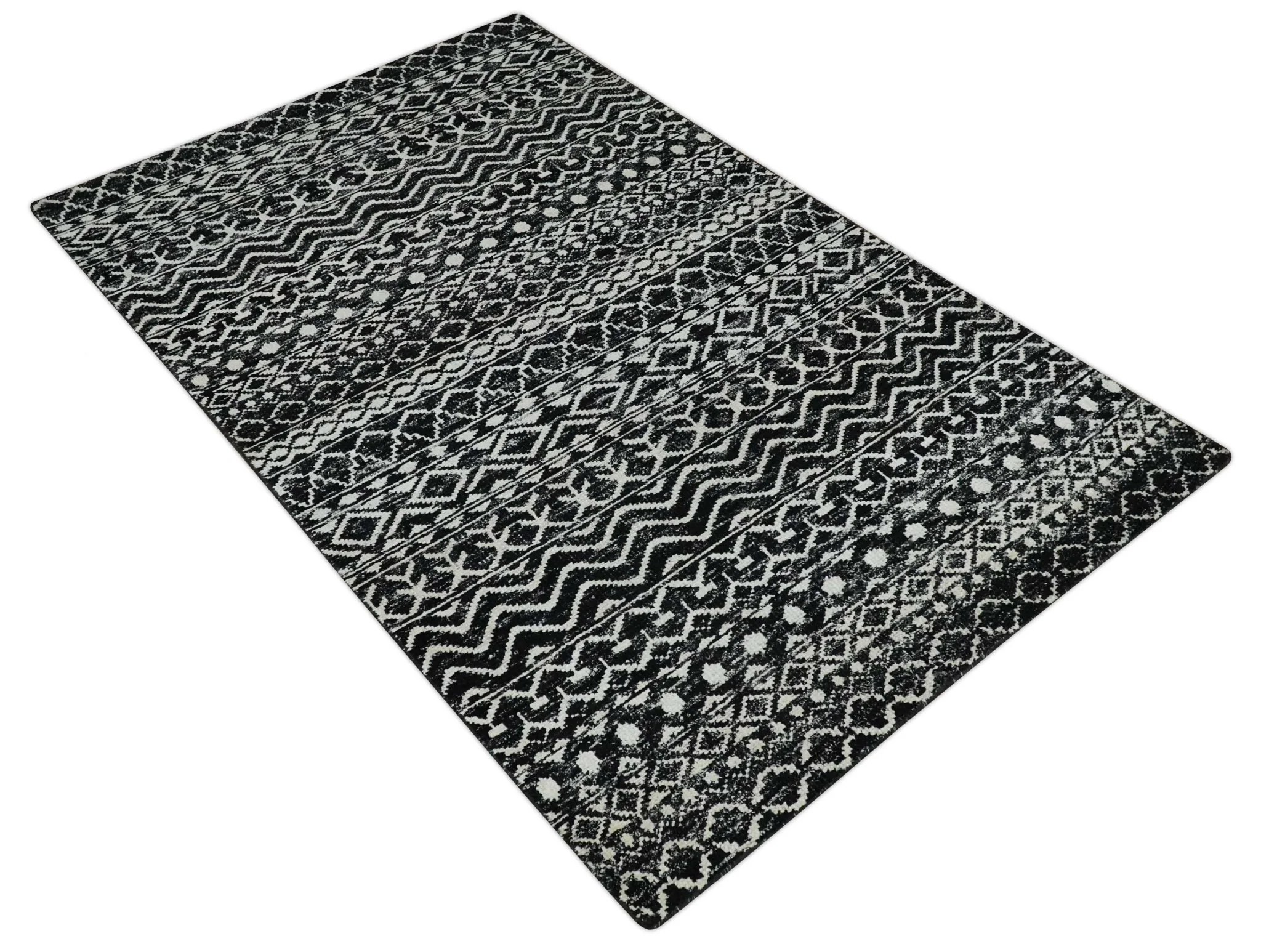 Hand Knotted Black and Ivory Modern Contemporary Tribal Trellis Recycled Silk Area Rug - Image 9