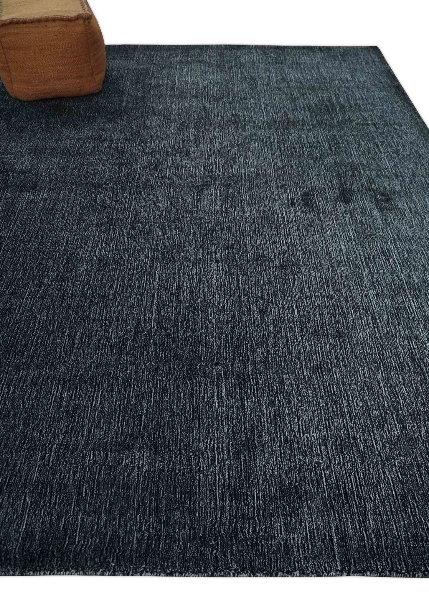 Modern Classic 8x10 Solid Plain Black and Silver Blended Hand Loomed Modern Scandinavian Art Silk Area Rug - Image 3