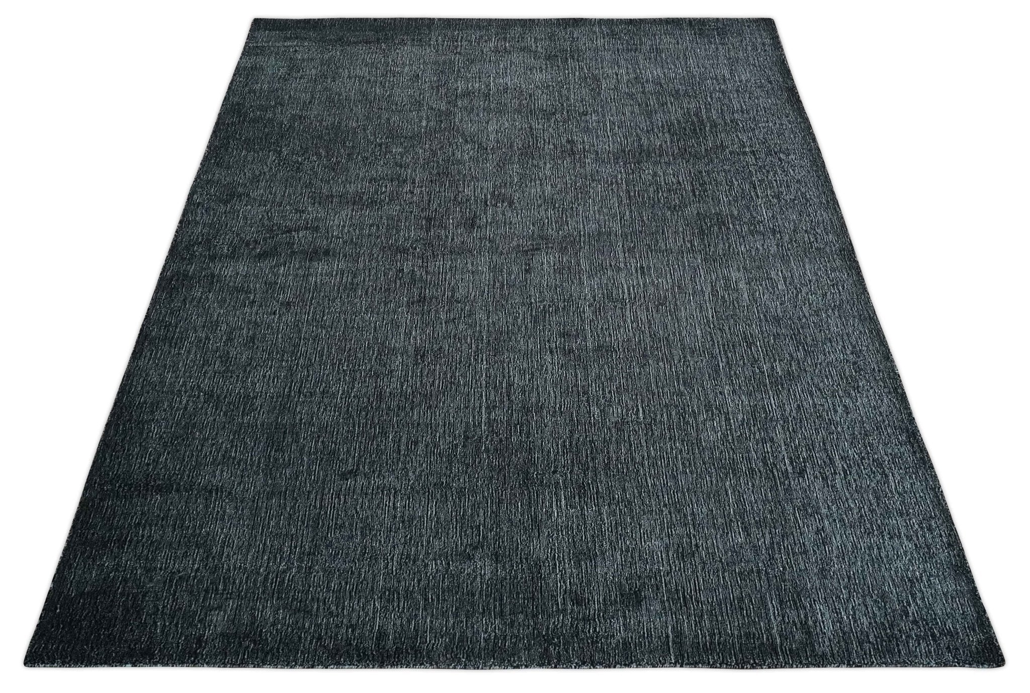 Modern Classic 8x10 Solid Plain Black and Silver Blended Hand Loomed Modern Scandinavian Art Silk Area Rug - Image 9