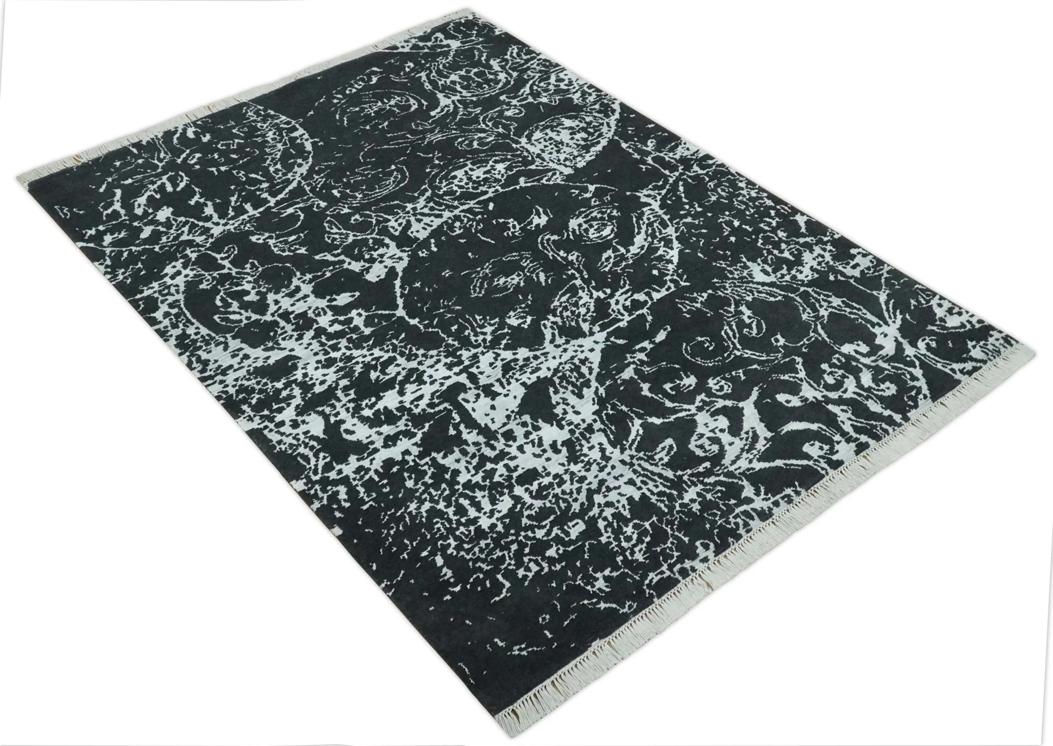Modern Abstract Black and Silver Hand Knotted 6x9 Wool and Bamboo silk Area Rug - Image 10