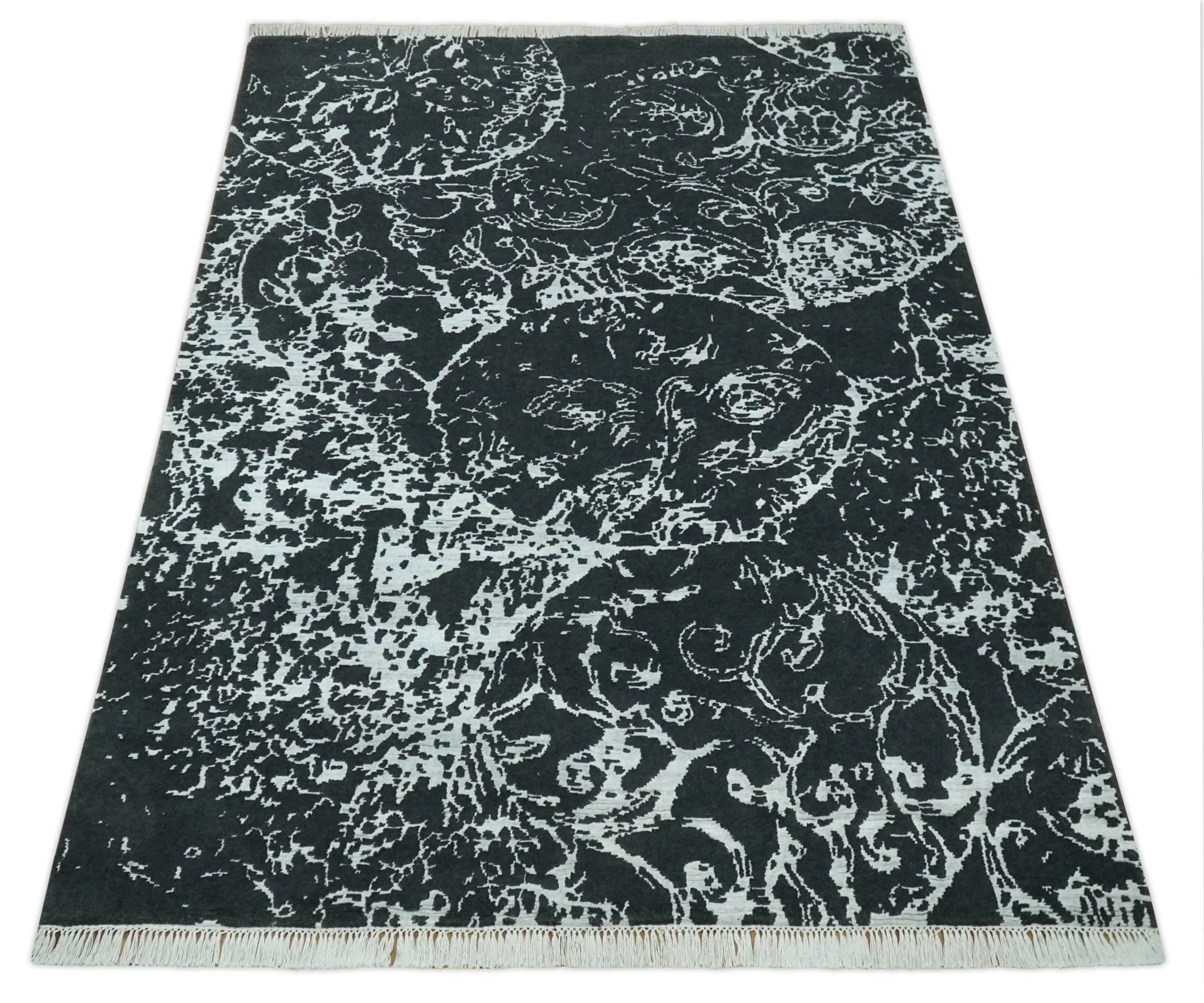 Modern Abstract Black and Silver Hand Knotted 6x9 Wool and Bamboo silk Area Rug - Image 11