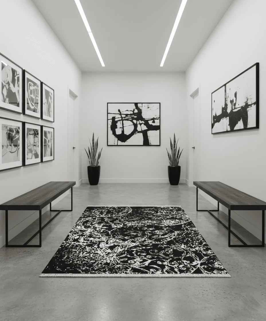 Modern Abstract Black and Silver Hand Knotted 6x9 Wool and Bamboo silk Area Rug - Image 2