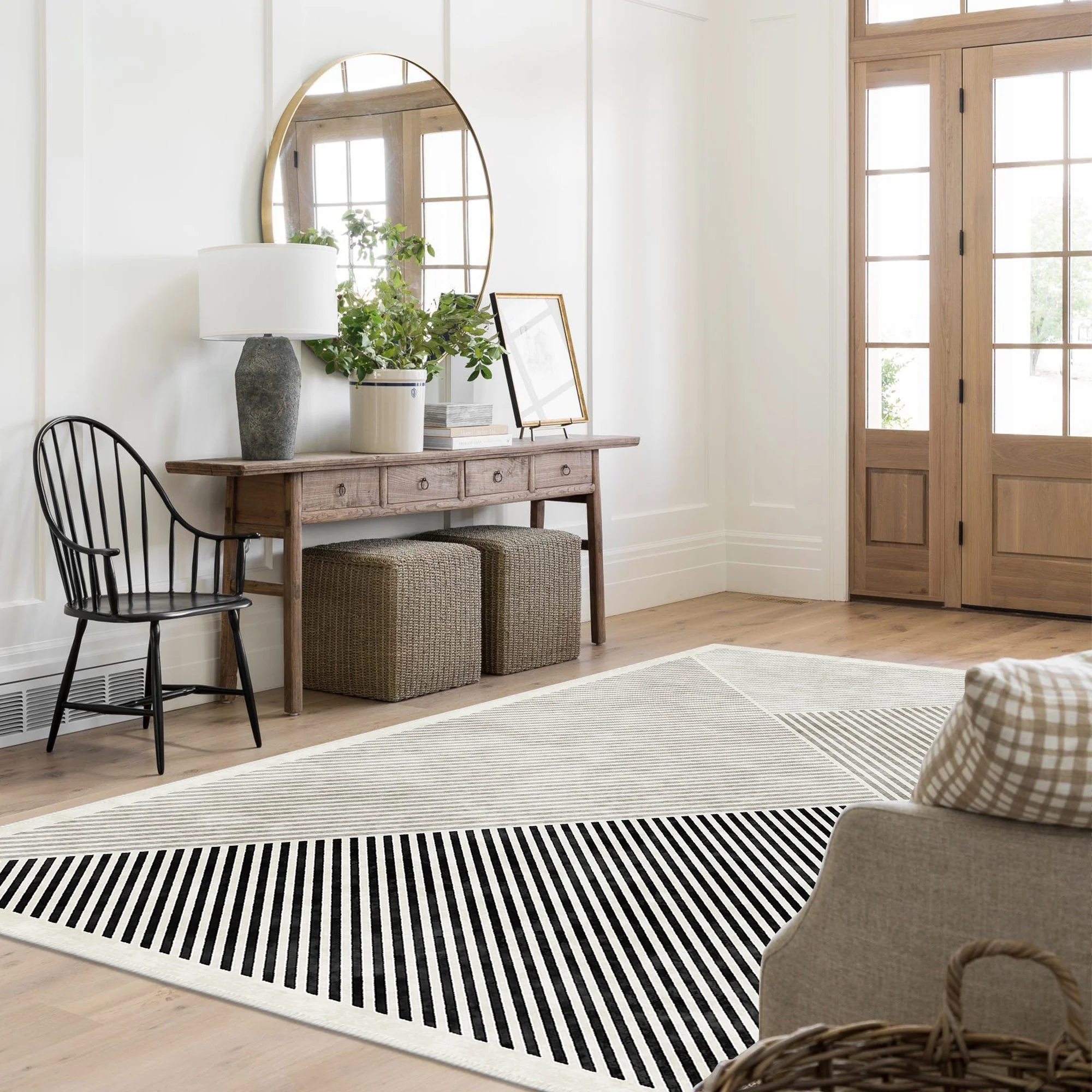 Black And White Modern Geometrical Machine Washable Cotton Area Rug - Image 2