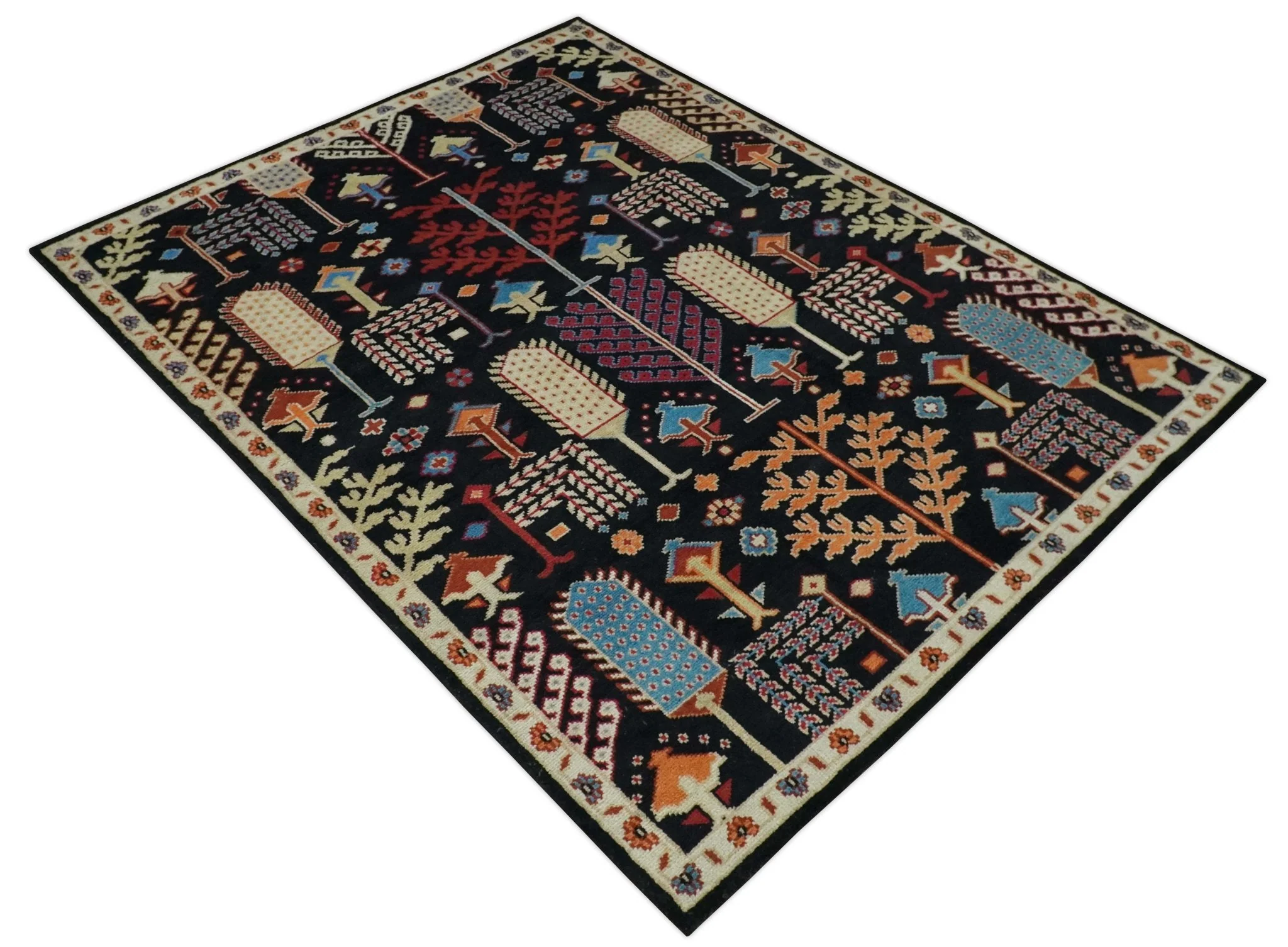 Tree of life Vibrant colorful Black, Beige, Peach and Blue Hand Knotted Traditional Oushak Custom Made wool area Rug - Image 10