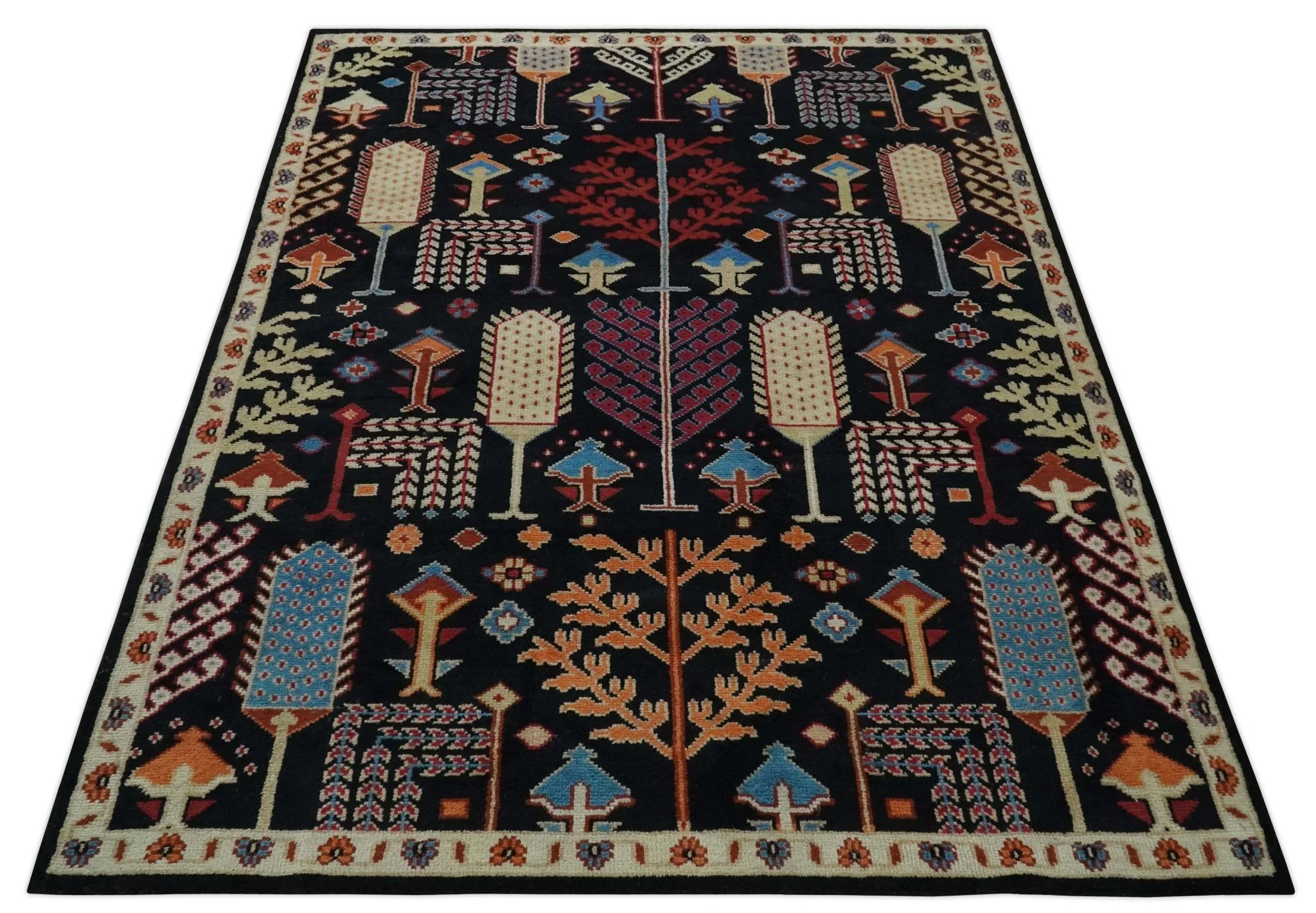 Tree of life Vibrant colorful Black, Beige, Peach and Blue Hand Knotted Traditional Oushak Custom Made wool area Rug - Image 11