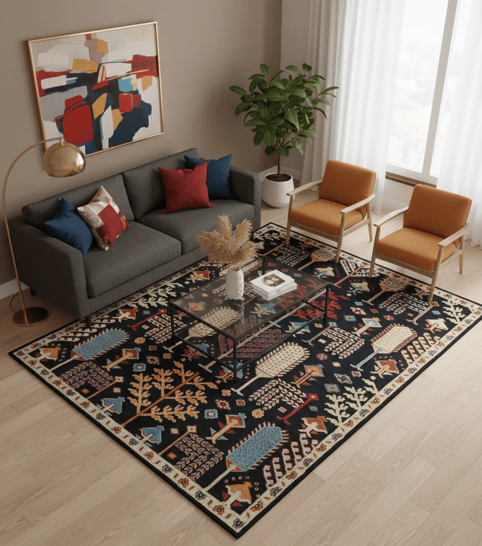 Tree of life Vibrant colorful Black, Beige, Peach and Blue Hand Knotted Traditional Oushak Custom Made wool area Rug - Image 2