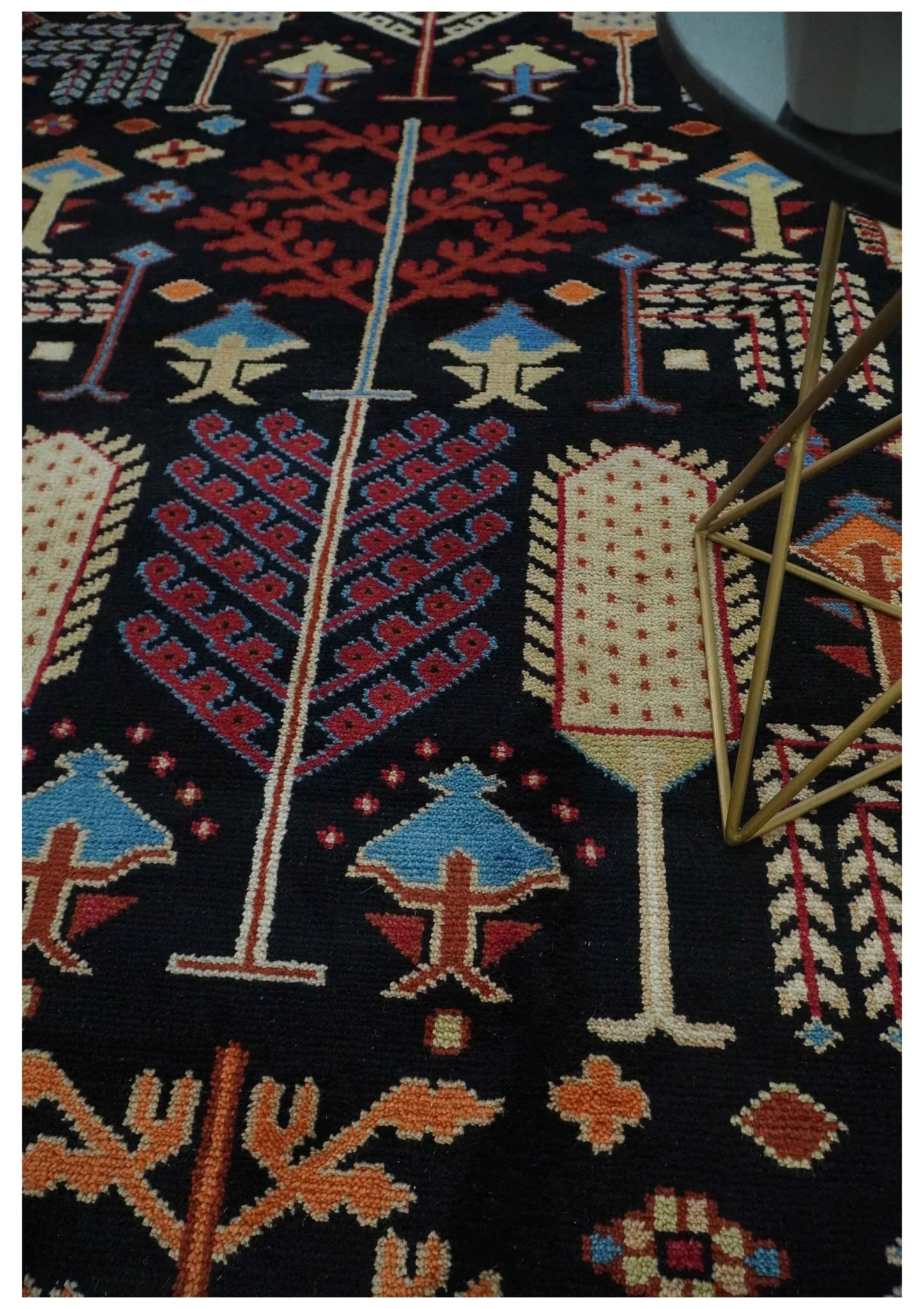 Tree of life Vibrant colorful Black, Beige, Peach and Blue Hand Knotted Traditional Oushak Custom Made wool area Rug - Image 3