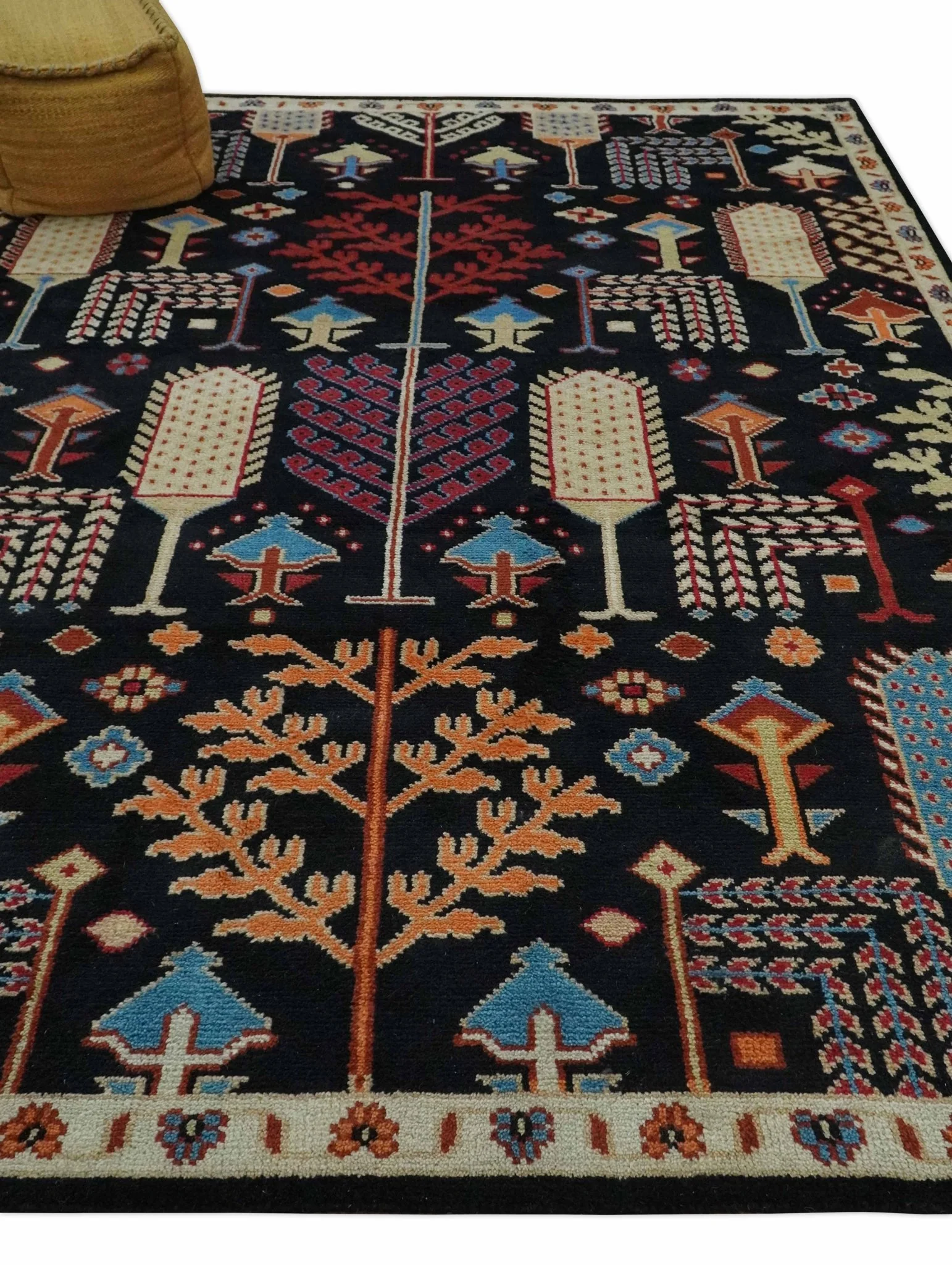 Tree of life Vibrant colorful Black, Beige, Peach and Blue Hand Knotted Traditional Oushak Custom Made wool area Rug - Image 4