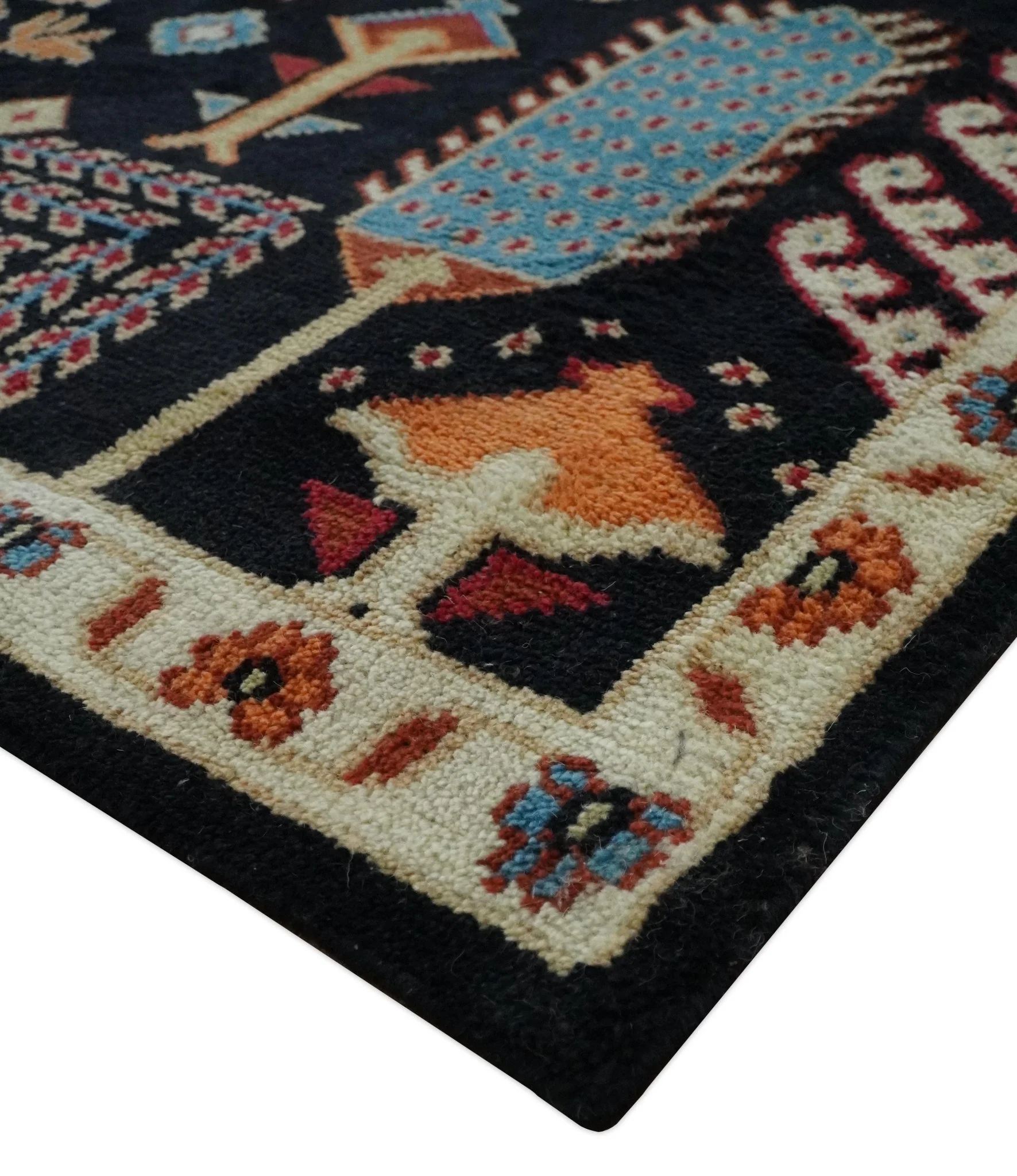 Tree of life Vibrant colorful Black, Beige, Peach and Blue Hand Knotted Traditional Oushak Custom Made wool area Rug - Image 6