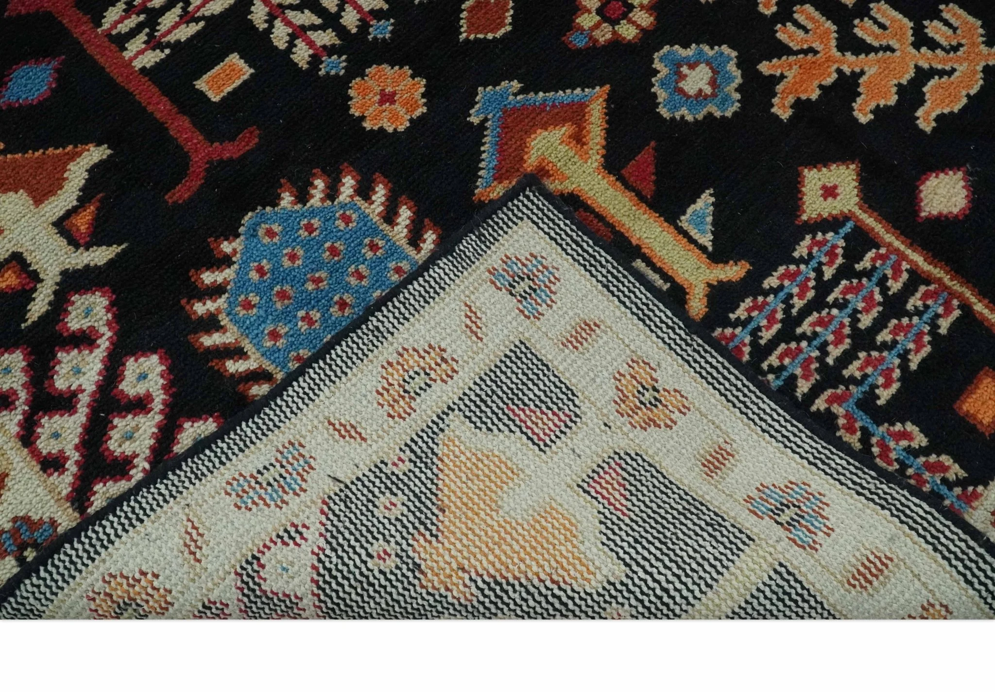 Tree of life Vibrant colorful Black, Beige, Peach and Blue Hand Knotted Traditional Oushak Custom Made wool area Rug - Image 8