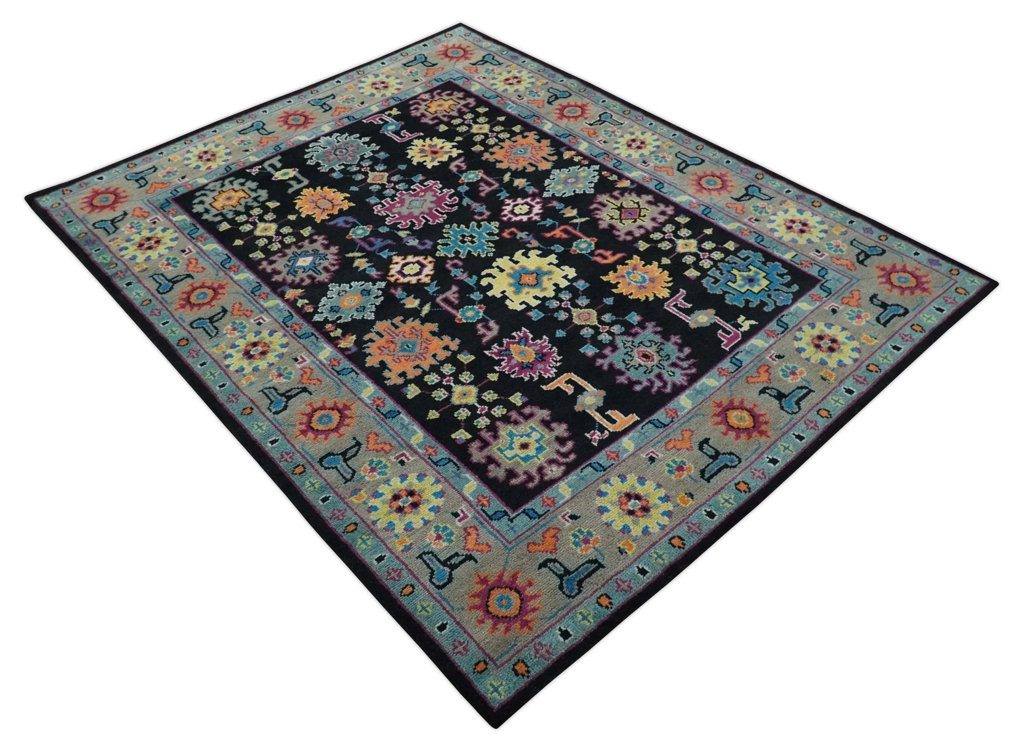 Vibrant Colorful Black, Beige, Purple and Blue Hand Knotted Traditional Oushak Custom Made wool Area Rug - Image 10
