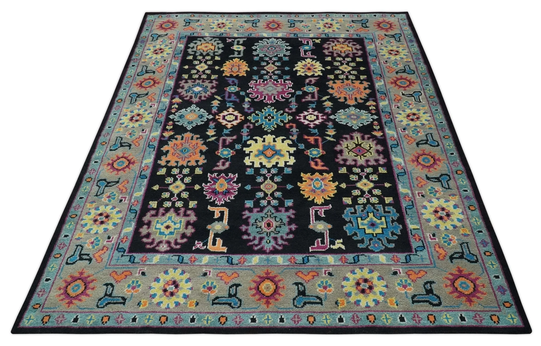 Vibrant Colorful Black, Beige, Purple and Blue Hand Knotted Traditional Oushak Custom Made wool Area Rug - Image 11