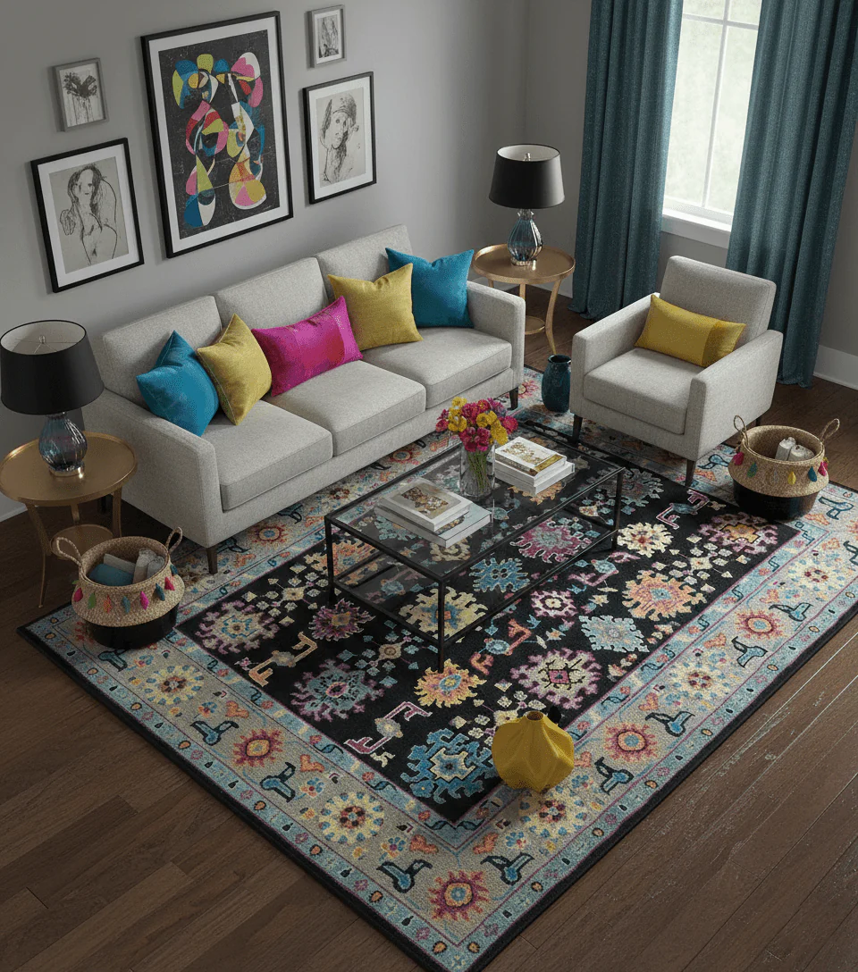 Vibrant Colorful Black, Beige, Purple and Blue Hand Knotted Traditional Oushak Custom Made wool Area Rug - Image 2
