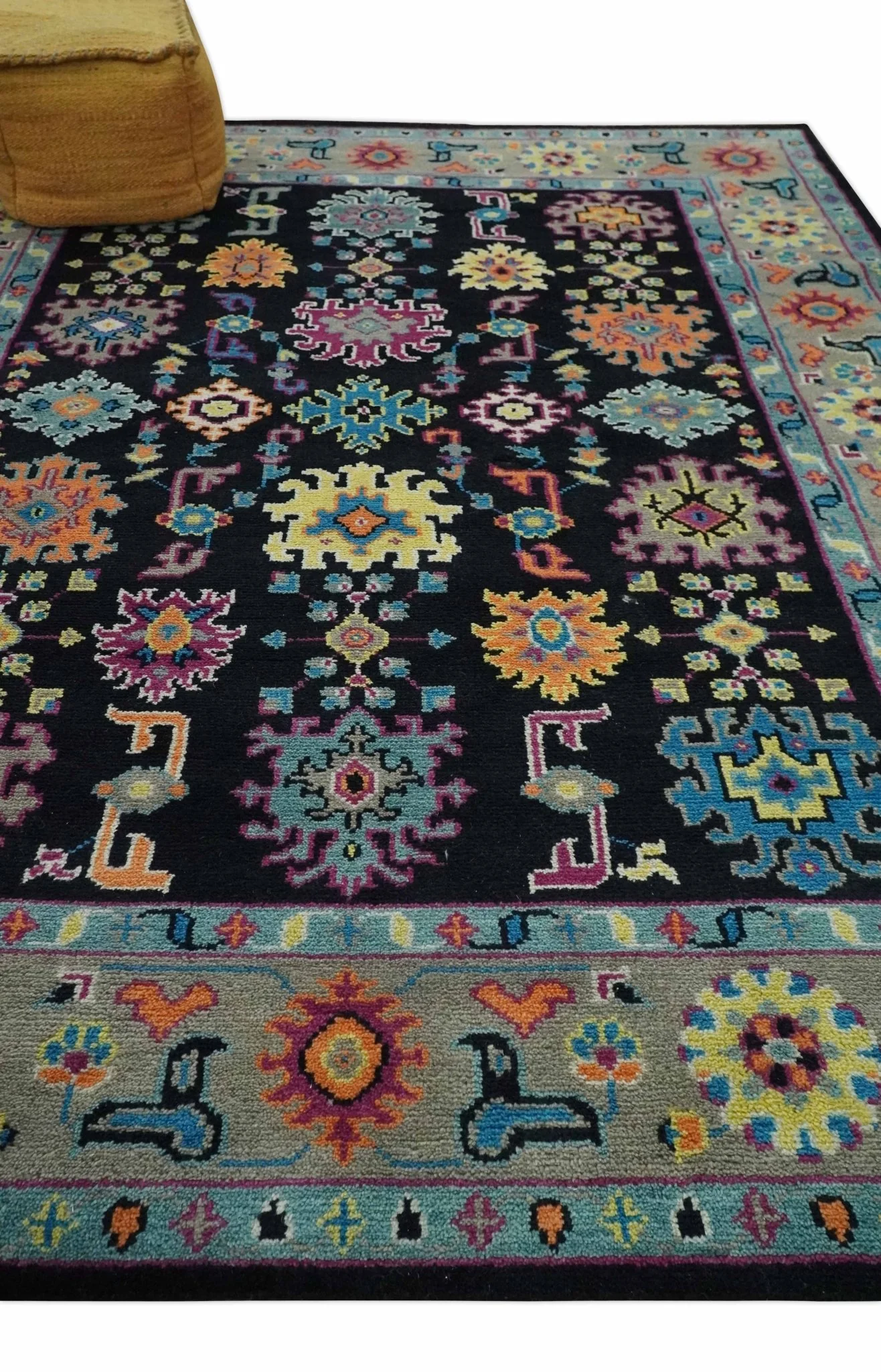 Vibrant Colorful Black, Beige, Purple and Blue Hand Knotted Traditional Oushak Custom Made wool Area Rug - Image 4