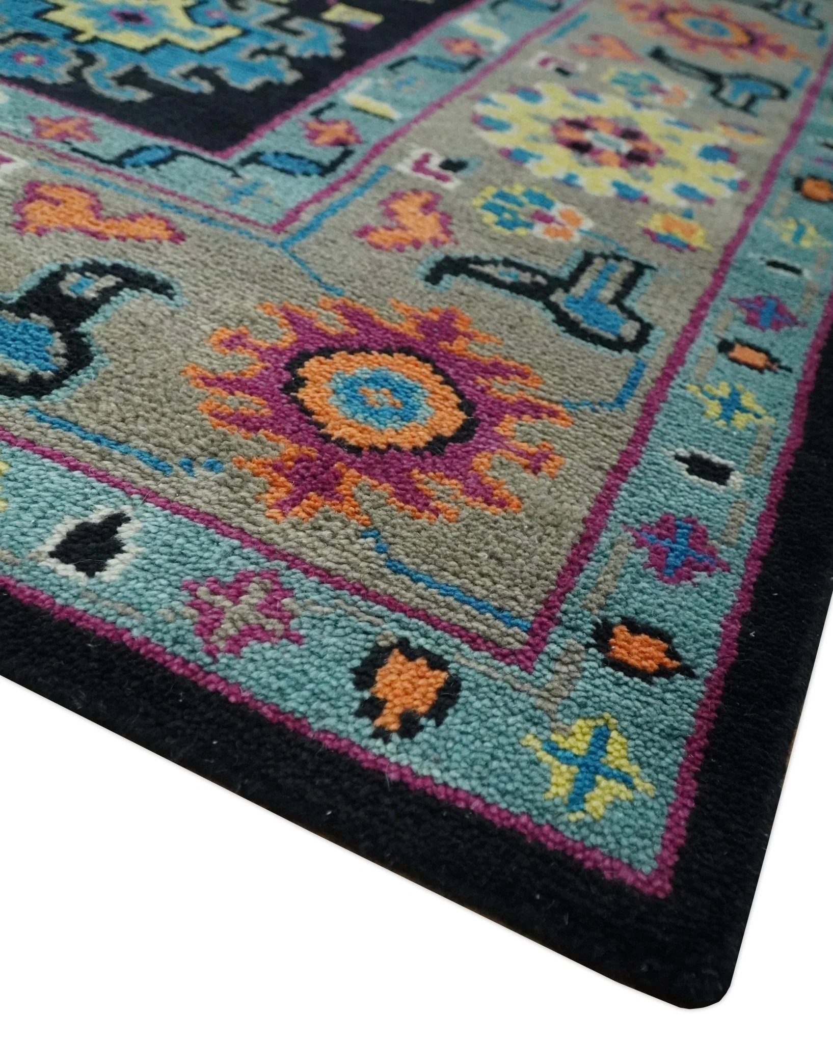 Vibrant Colorful Black, Beige, Purple and Blue Hand Knotted Traditional Oushak Custom Made wool Area Rug - Image 6