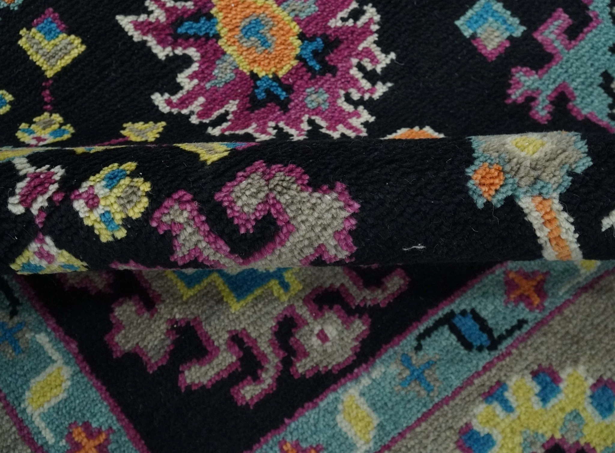 Vibrant Colorful Black, Beige, Purple and Blue Hand Knotted Traditional Oushak Custom Made wool Area Rug - Image 7