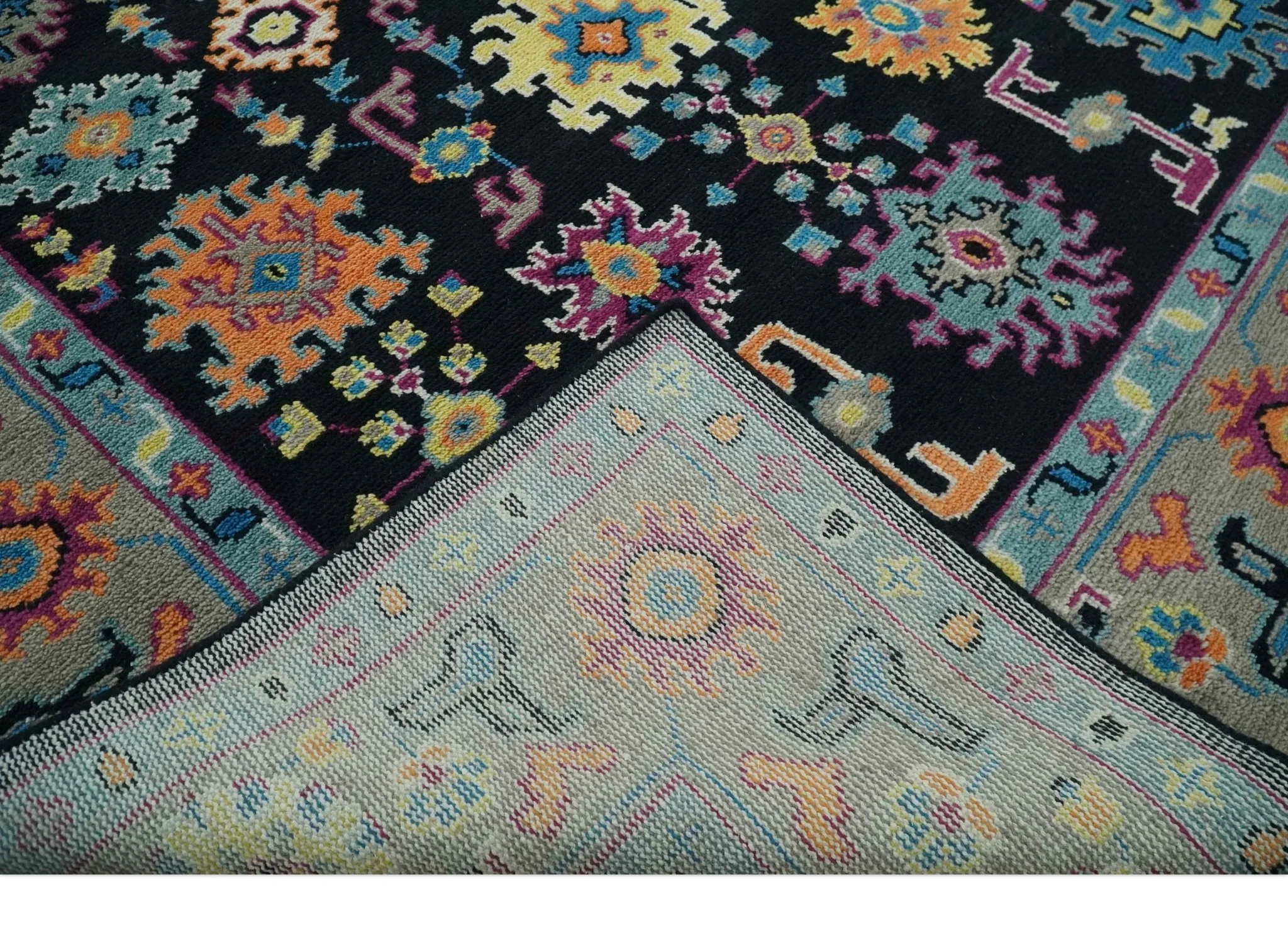 Vibrant Colorful Black, Beige, Purple and Blue Hand Knotted Traditional Oushak Custom Made wool Area Rug - Image 8
