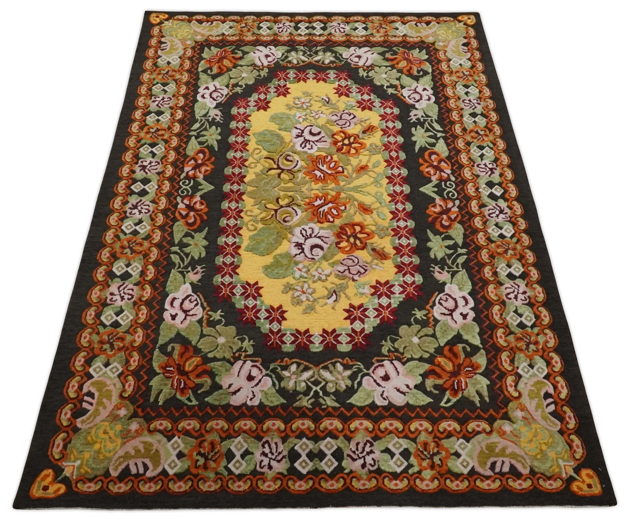 5x7 Flatwoven Soumak Black, Yellow, Green and Gold Flower Wool Hand Woven Antique Design Rug | KNT39 - Image 10