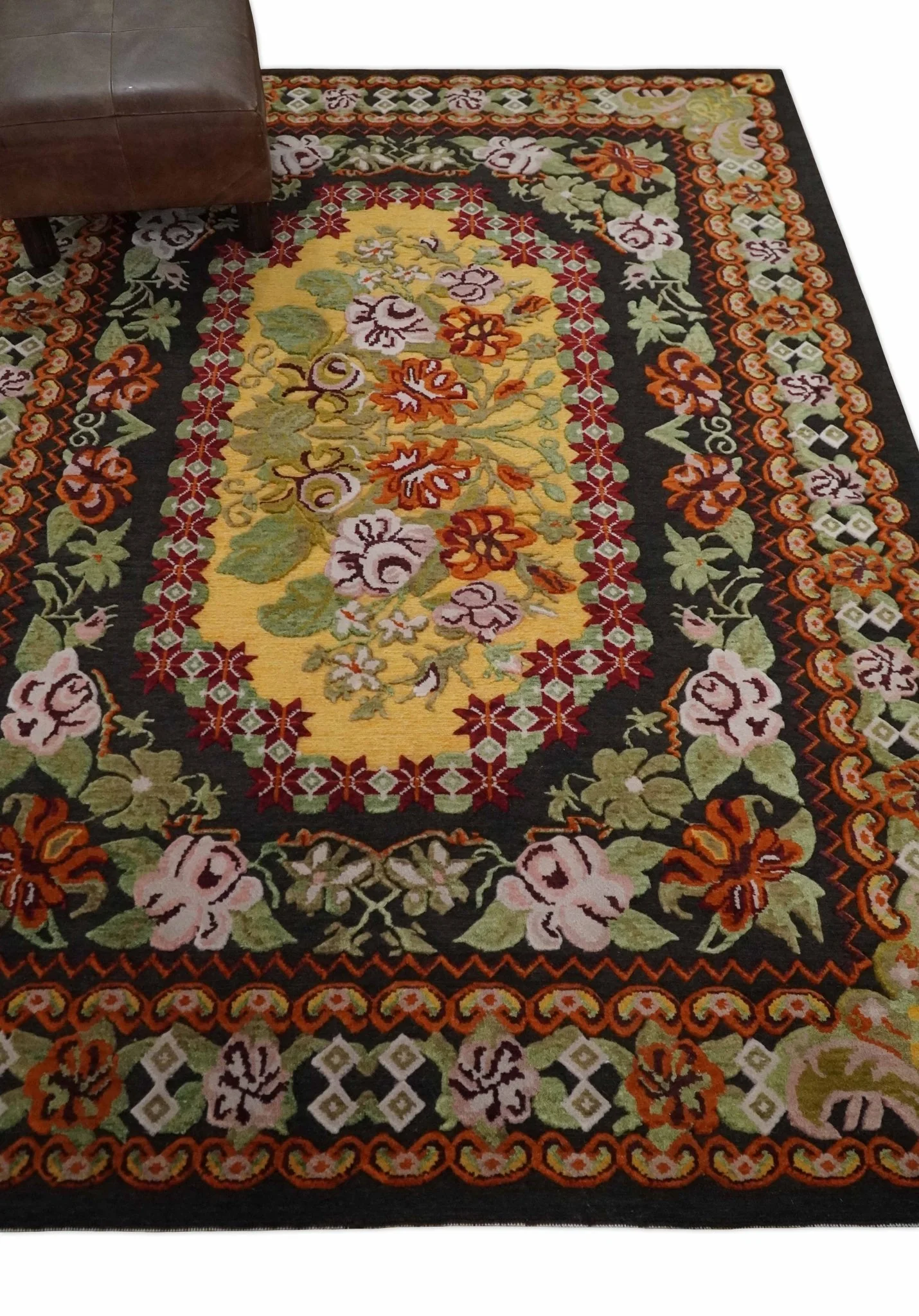 5x7 Flatwoven Soumak Black, Yellow, Green and Gold Flower Wool Hand Woven Antique Design Rug | KNT39 - Image 3