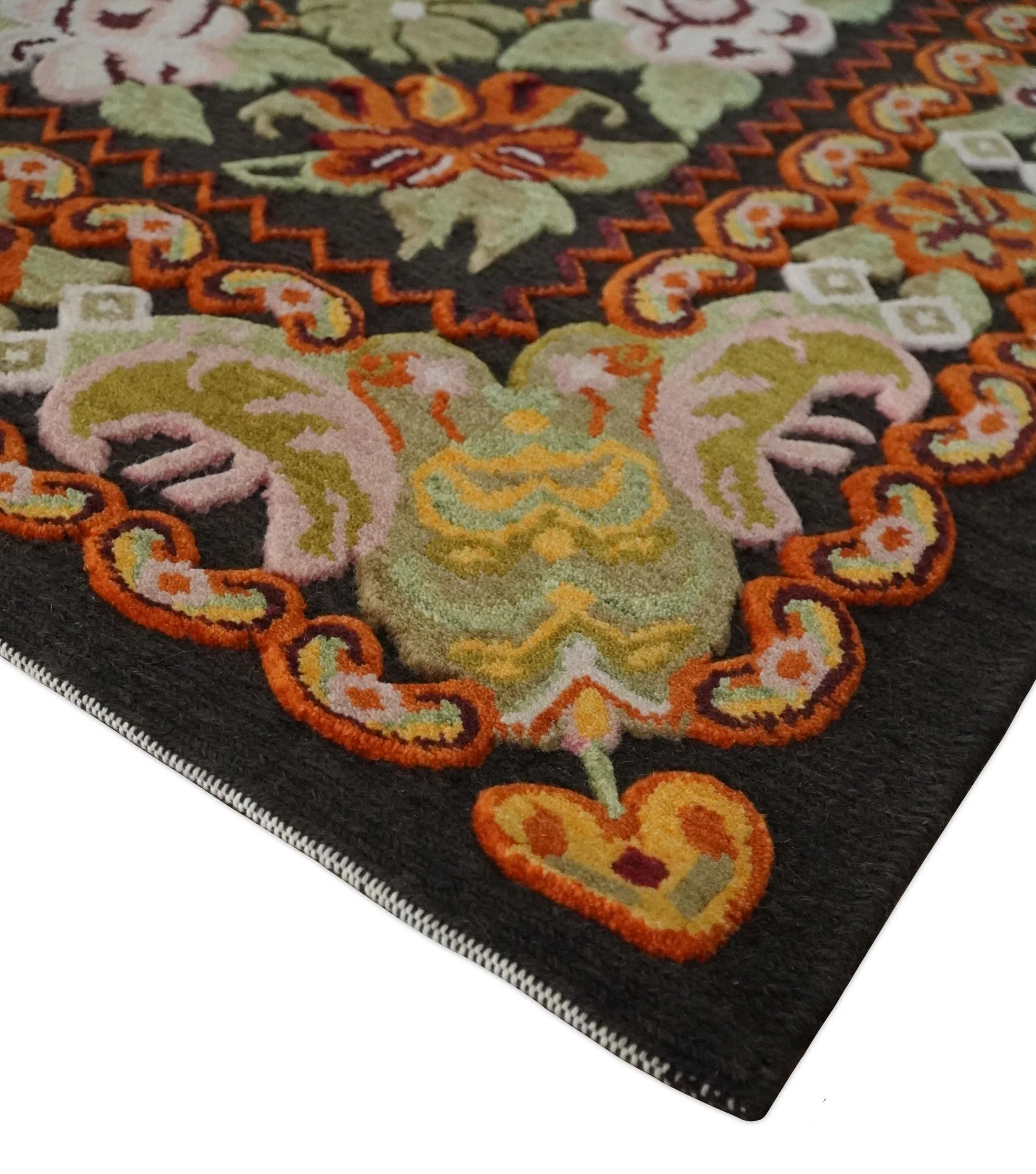 5x7 Flatwoven Soumak Black, Yellow, Green and Gold Flower Wool Hand Woven Antique Design Rug | KNT39 - Image 4