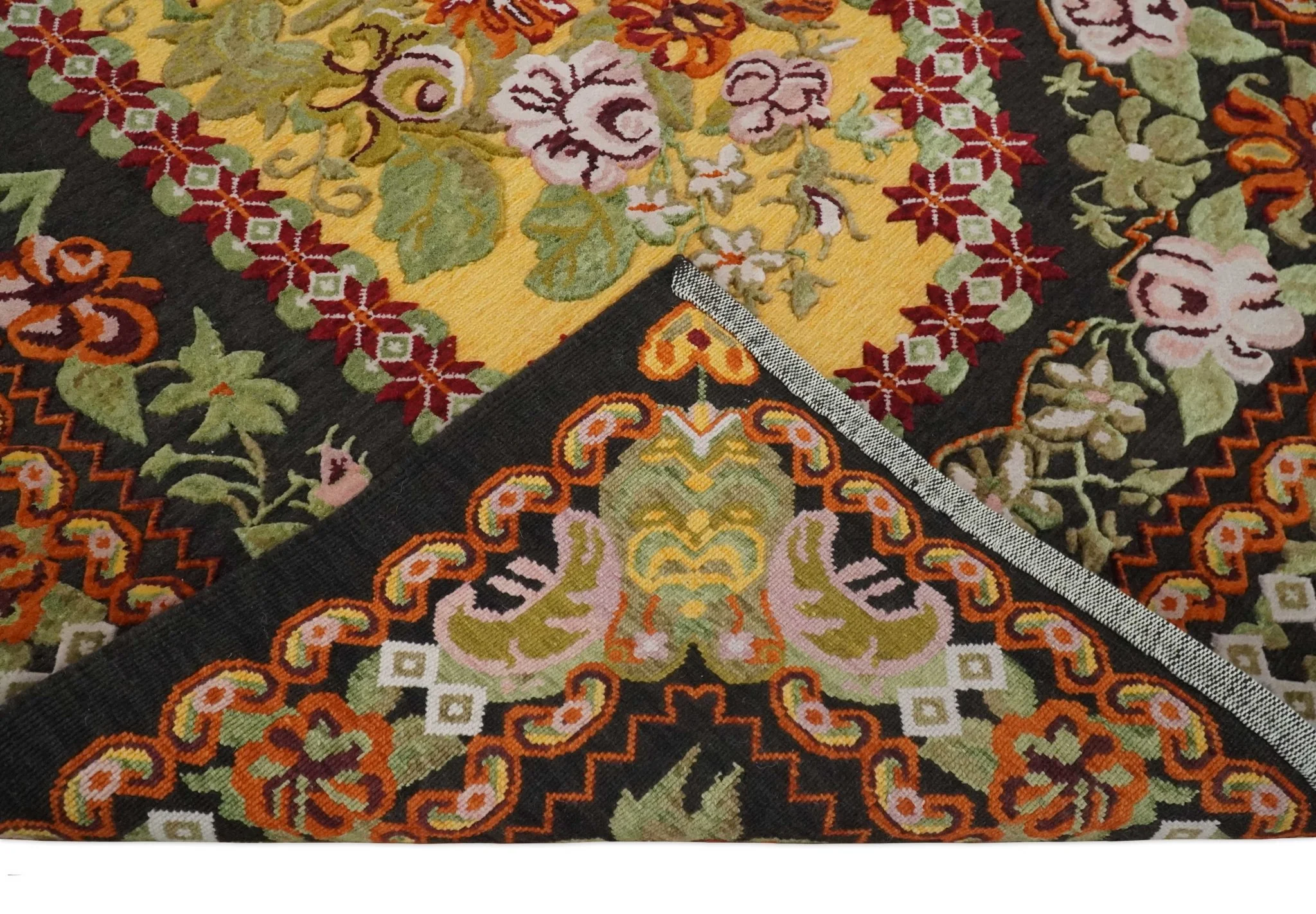 5x7 Flatwoven Soumak Black, Yellow, Green and Gold Flower Wool Hand Woven Antique Design Rug | KNT39 - Image 6