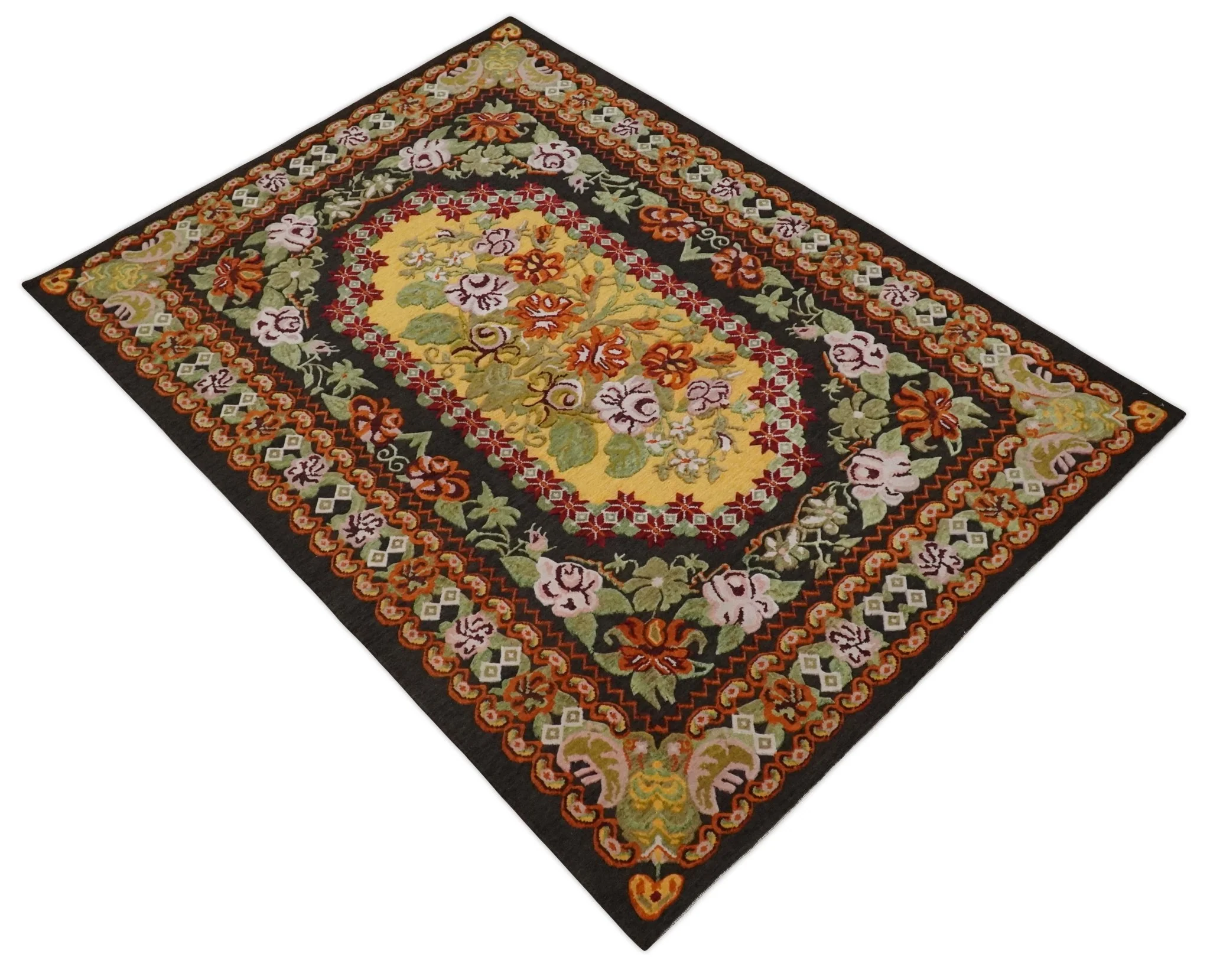 5x7 Flatwoven Soumak Black, Yellow, Green and Gold Flower Wool Hand Woven Antique Design Rug | KNT39 - Image 8