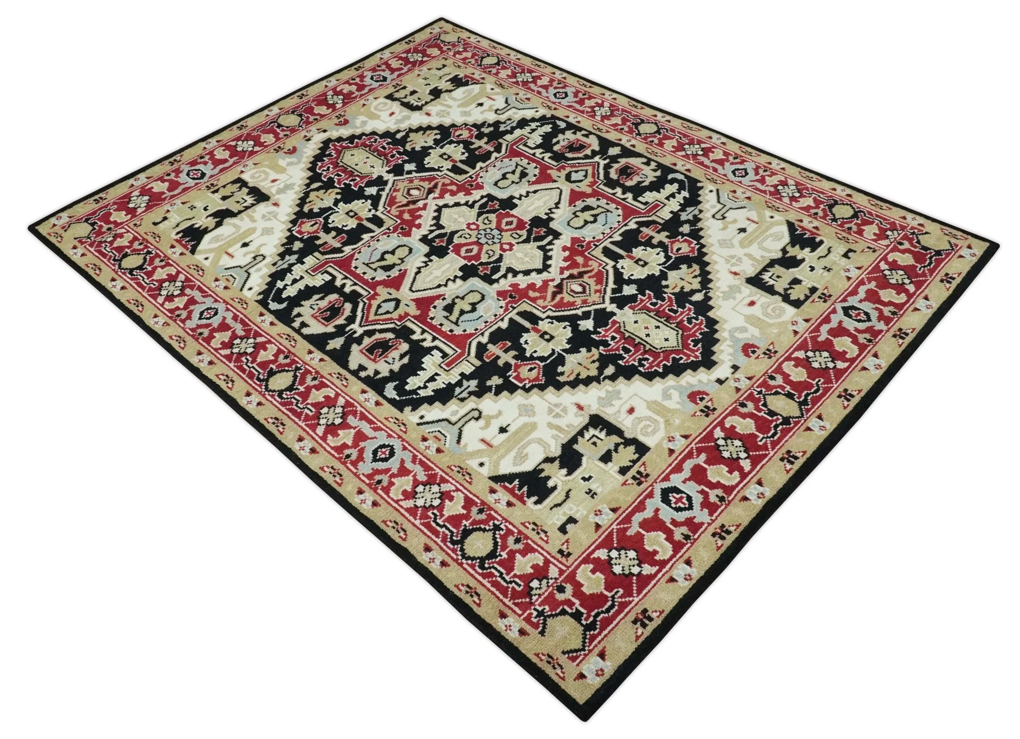 Black, Ivory, Olive and Brown Hand knotted Traditional Heriz Medallion Multi Size Wool Area Rug - Image 10