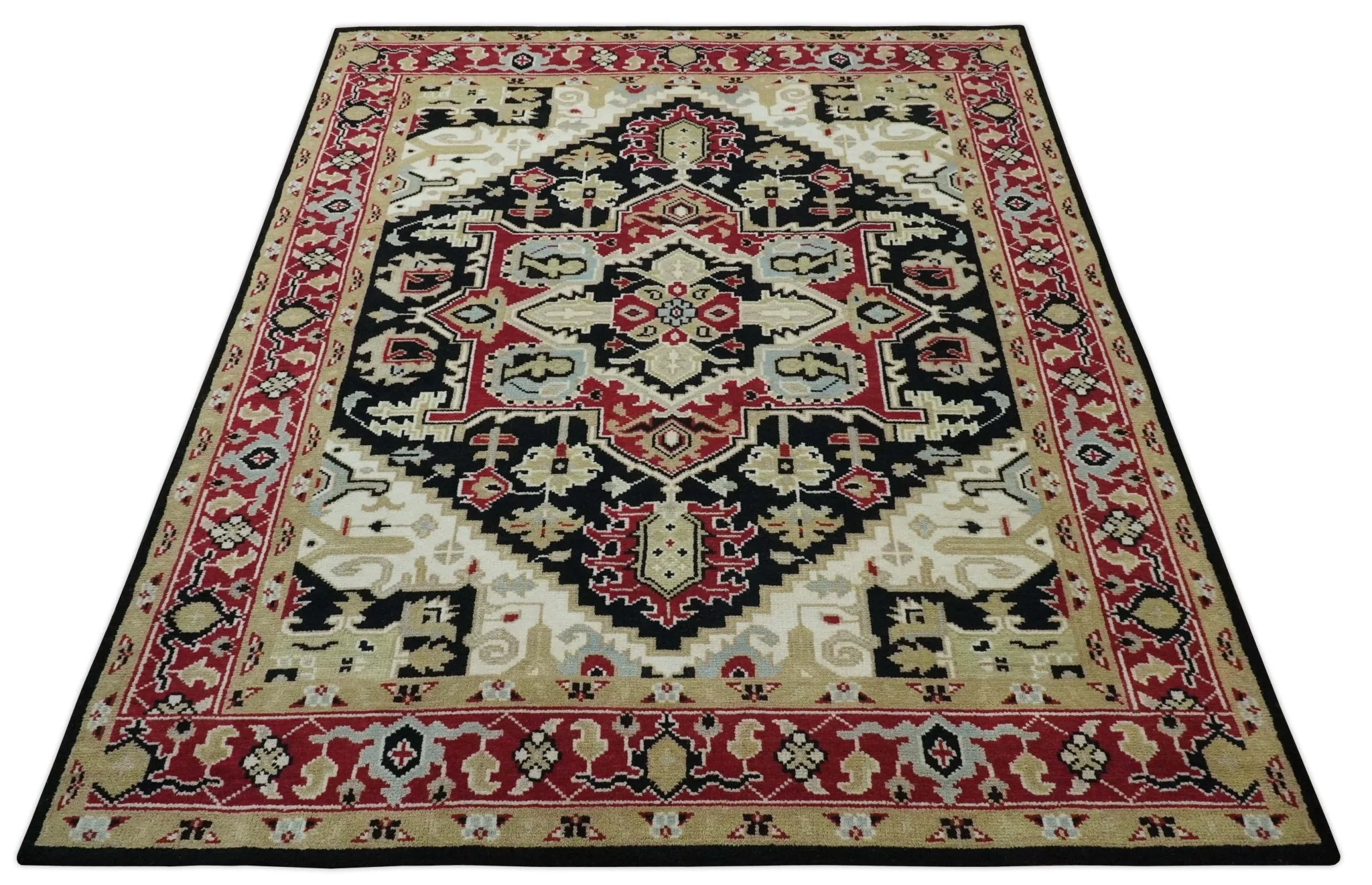Black, Ivory, Olive and Brown Hand knotted Traditional Heriz Medallion Multi Size Wool Area Rug - Image 11
