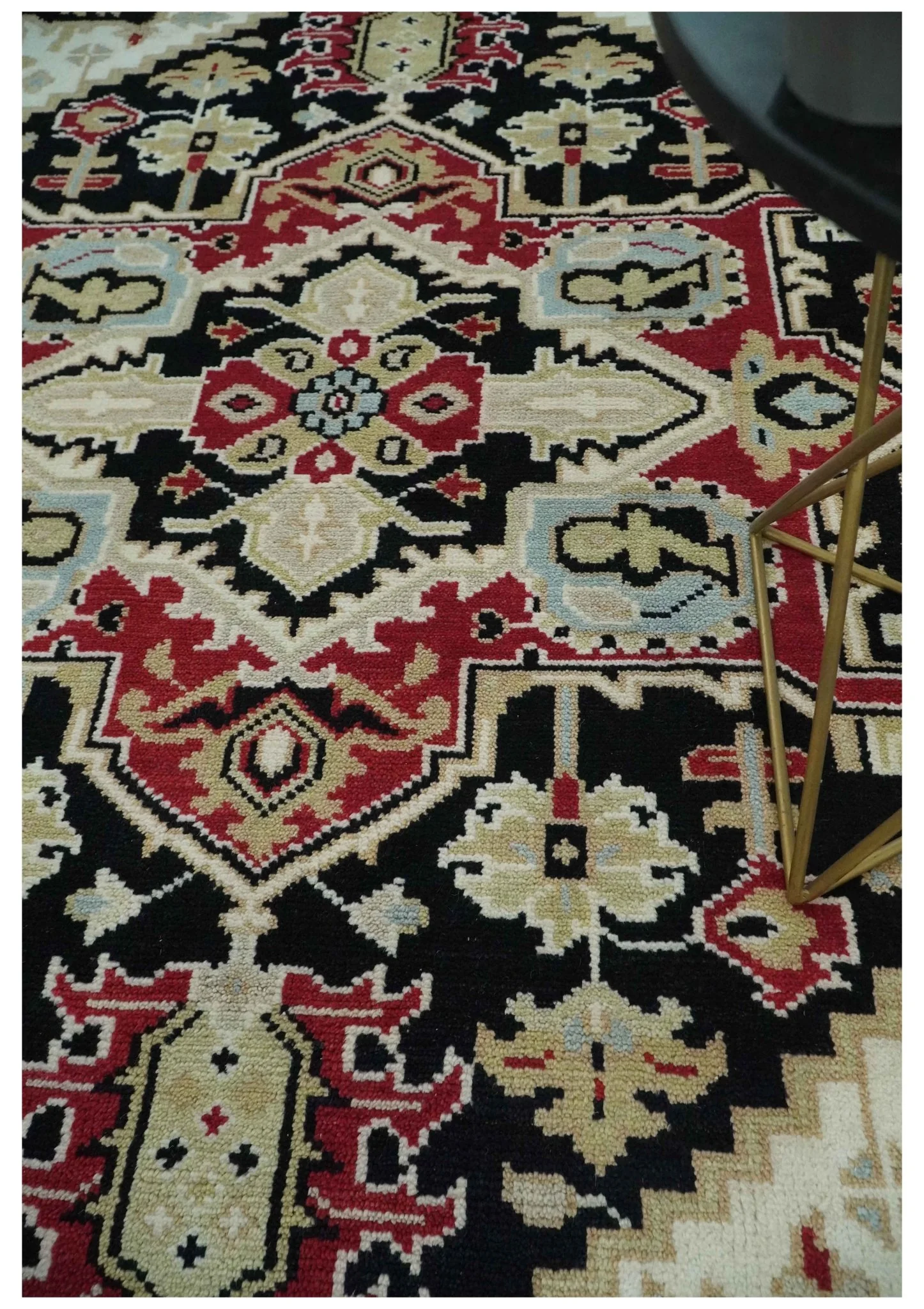 Black, Ivory, Olive and Brown Hand knotted Traditional Heriz Medallion Multi Size Wool Area Rug - Image 3