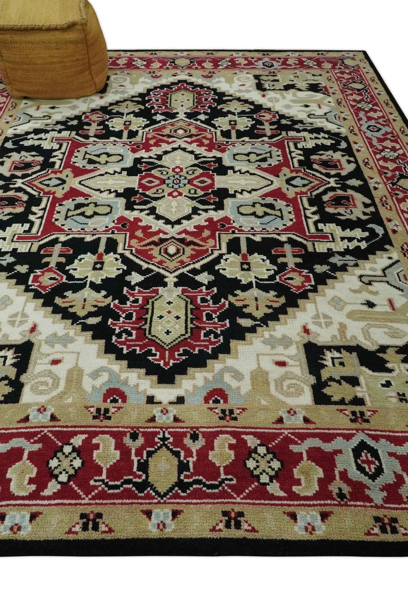 Black, Ivory, Olive and Brown Hand knotted Traditional Heriz Medallion Multi Size Wool Area Rug - Image 4