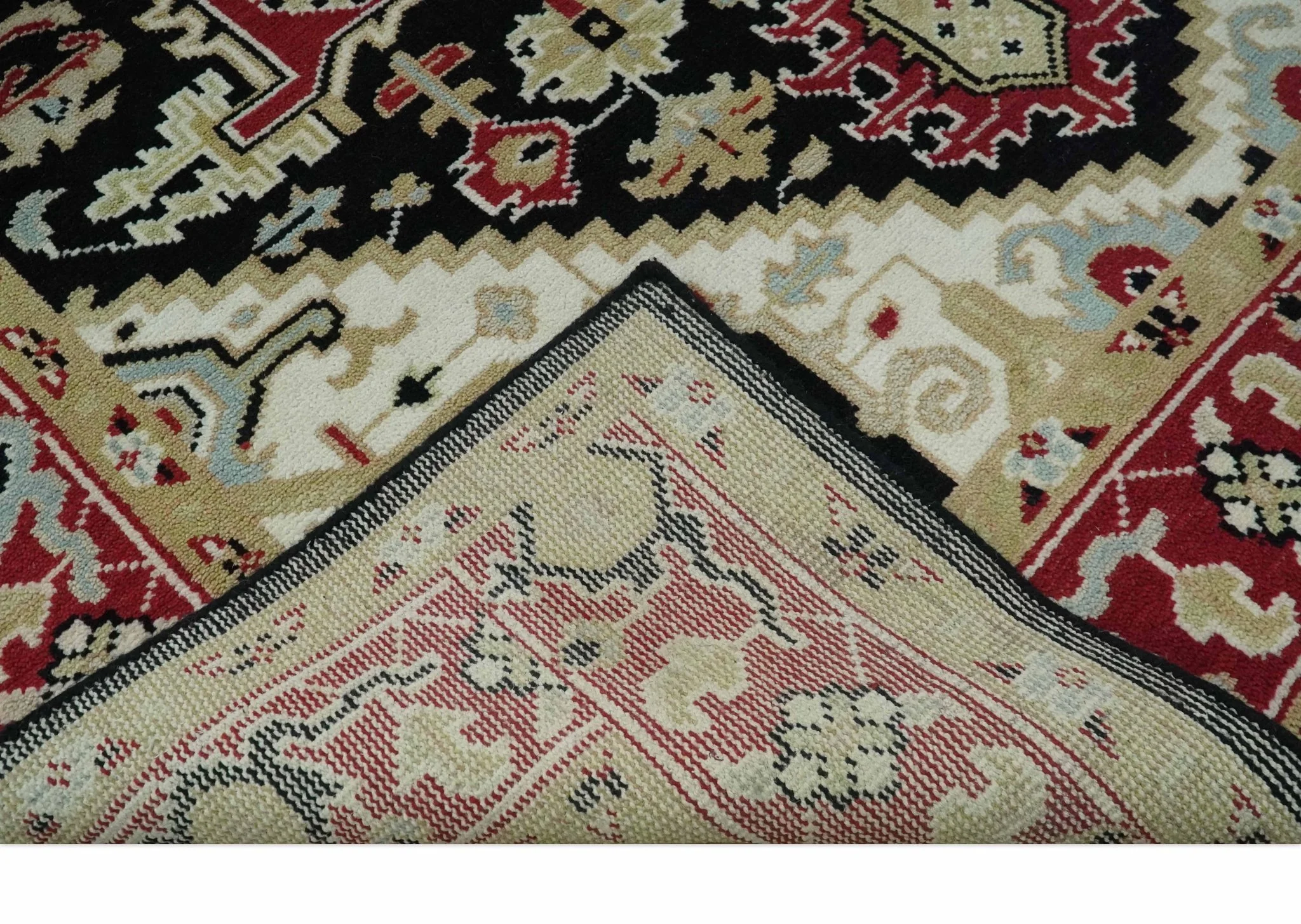 Black, Ivory, Olive and Brown Hand knotted Traditional Heriz Medallion Multi Size Wool Area Rug - Image 8