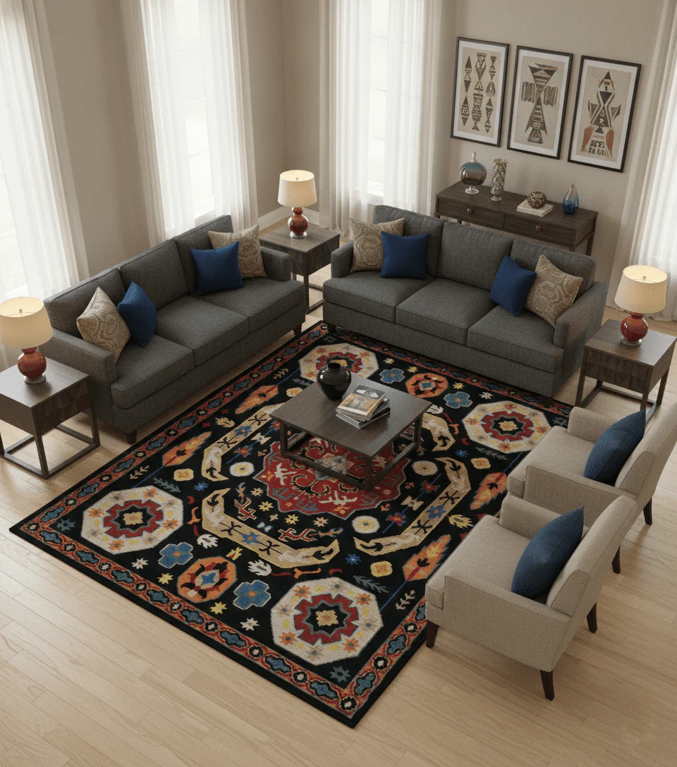 Custom Made Colorful Black, Maroon and Beige Traditional Mamluk Design wool Rug - Image 2