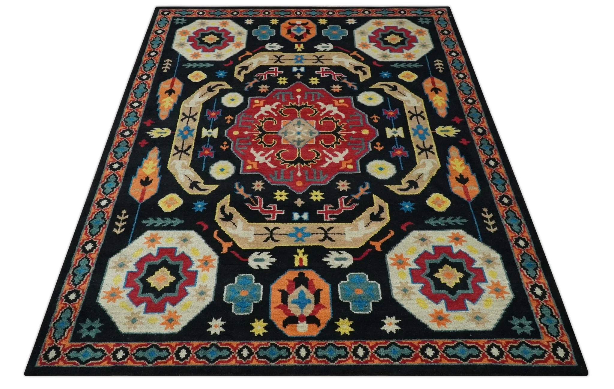 Vibrant colorful 8x10 Black, Maroon and Beige Traditional Medallion Mamluk Design wool Rug - Image 11