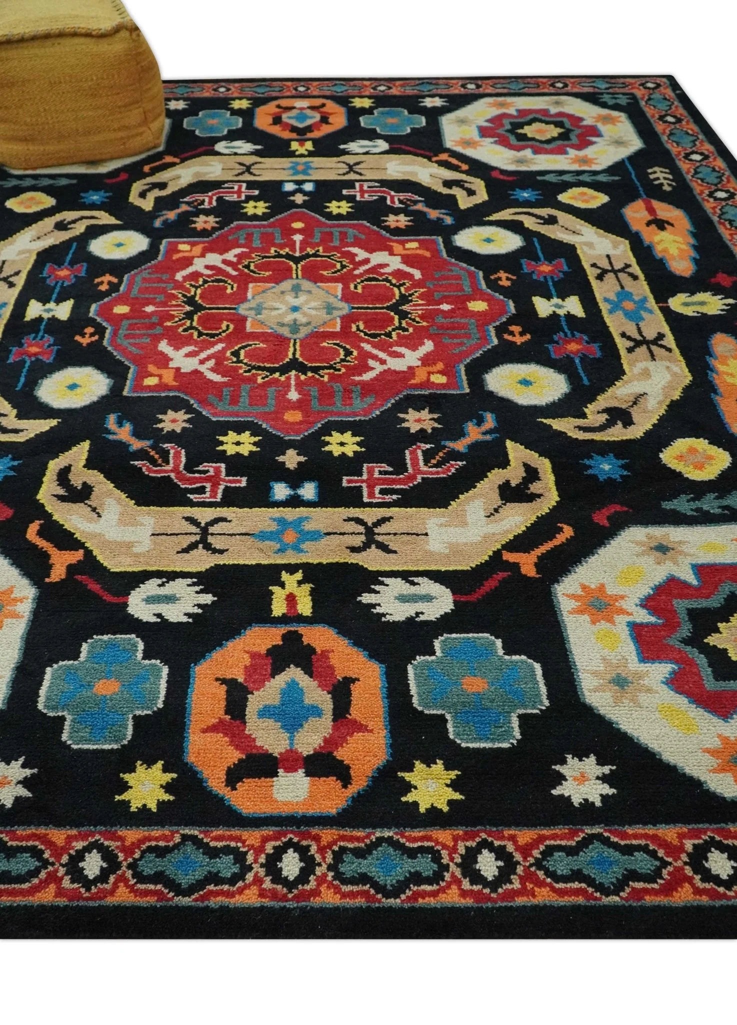 Vibrant colorful 8x10 Black, Maroon and Beige Traditional Medallion Mamluk Design wool Rug - Image 4