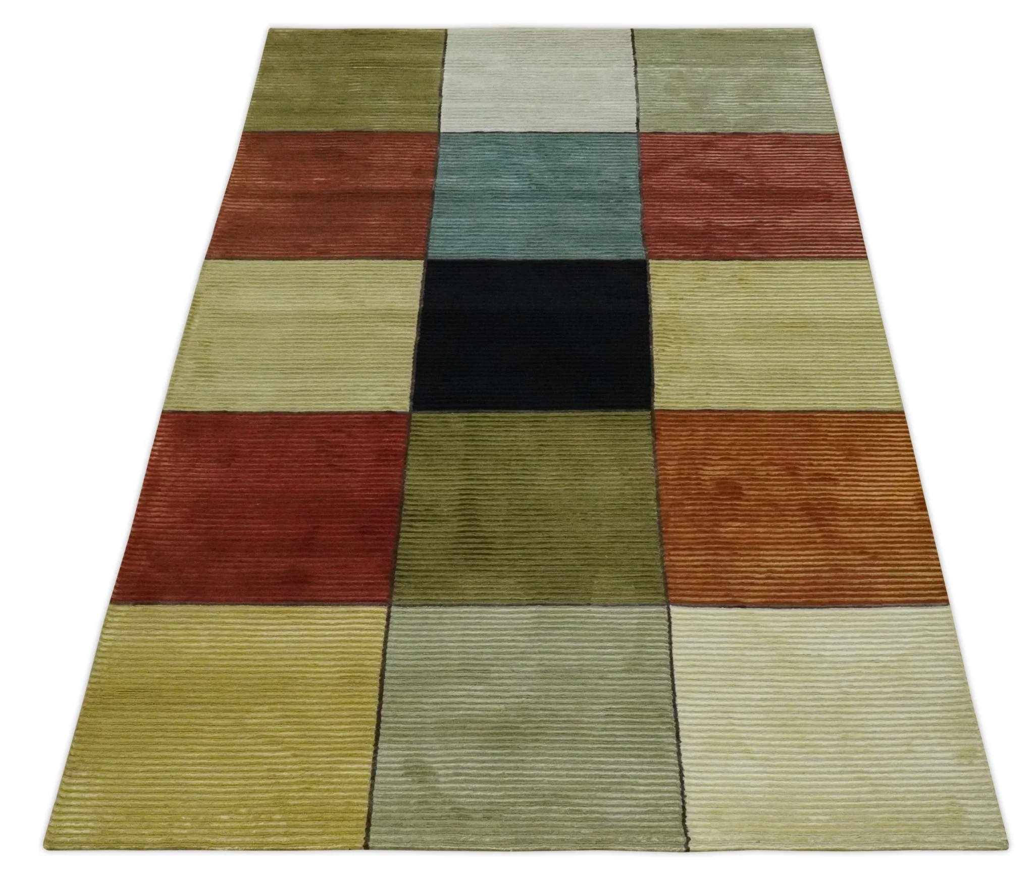 Geometrical Square Shape Black, Olive, Rust and Silver Stripes 5x8 wool and Art Silk rug - Image 10