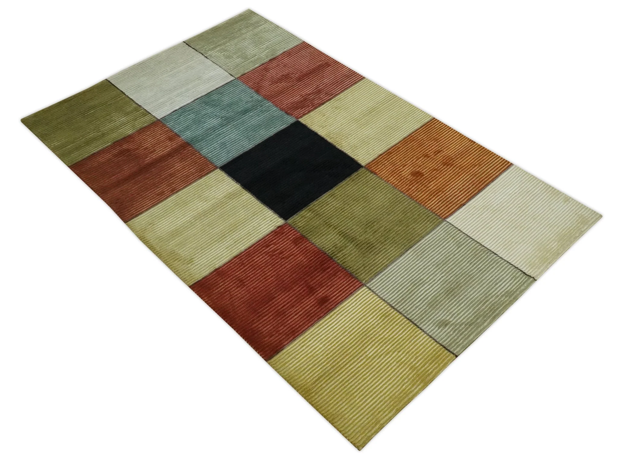 Geometrical Square Shape Black, Olive, Rust and Silver Stripes 5x8 wool and Art Silk rug - Image 11