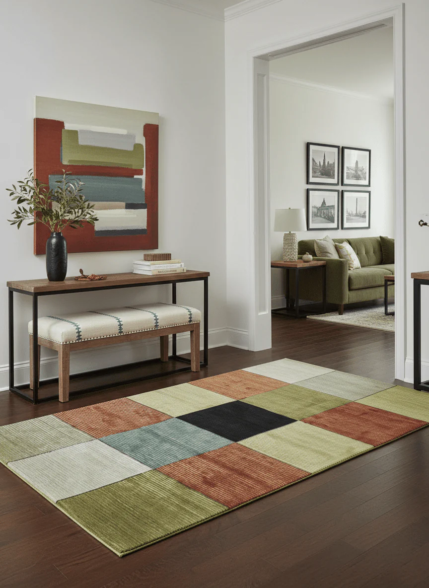 Geometrical Square Shape Black, Olive, Rust and Silver Stripes 5x8 wool and Art Silk rug - Image 2