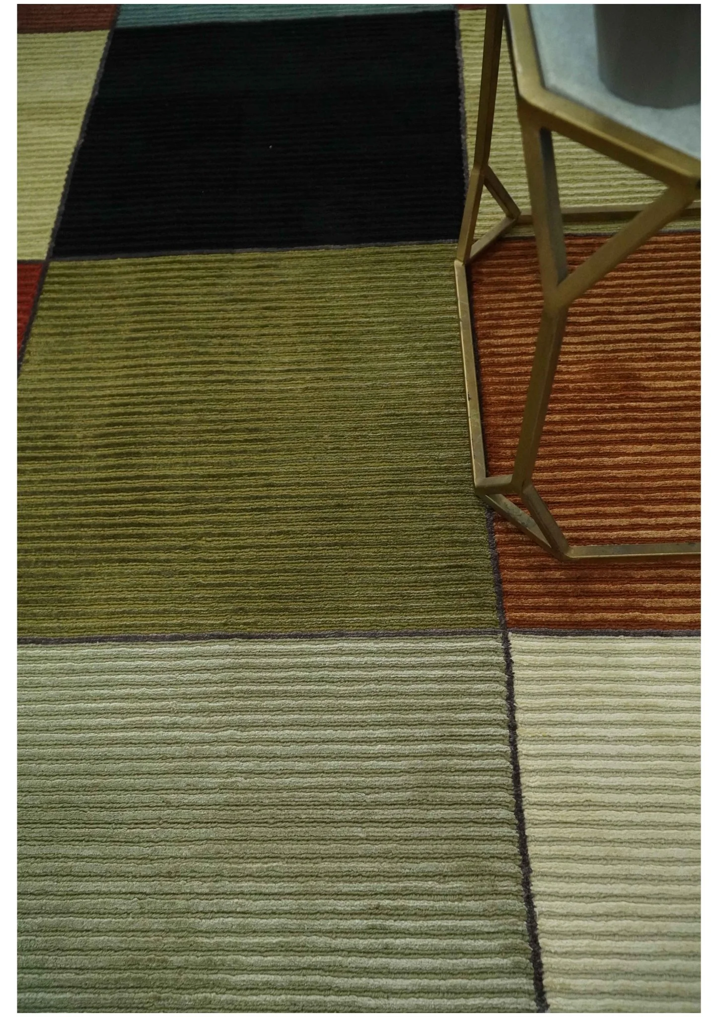Geometrical Square Shape Black, Olive, Rust and Silver Stripes 5x8 wool and Art Silk rug - Image 3