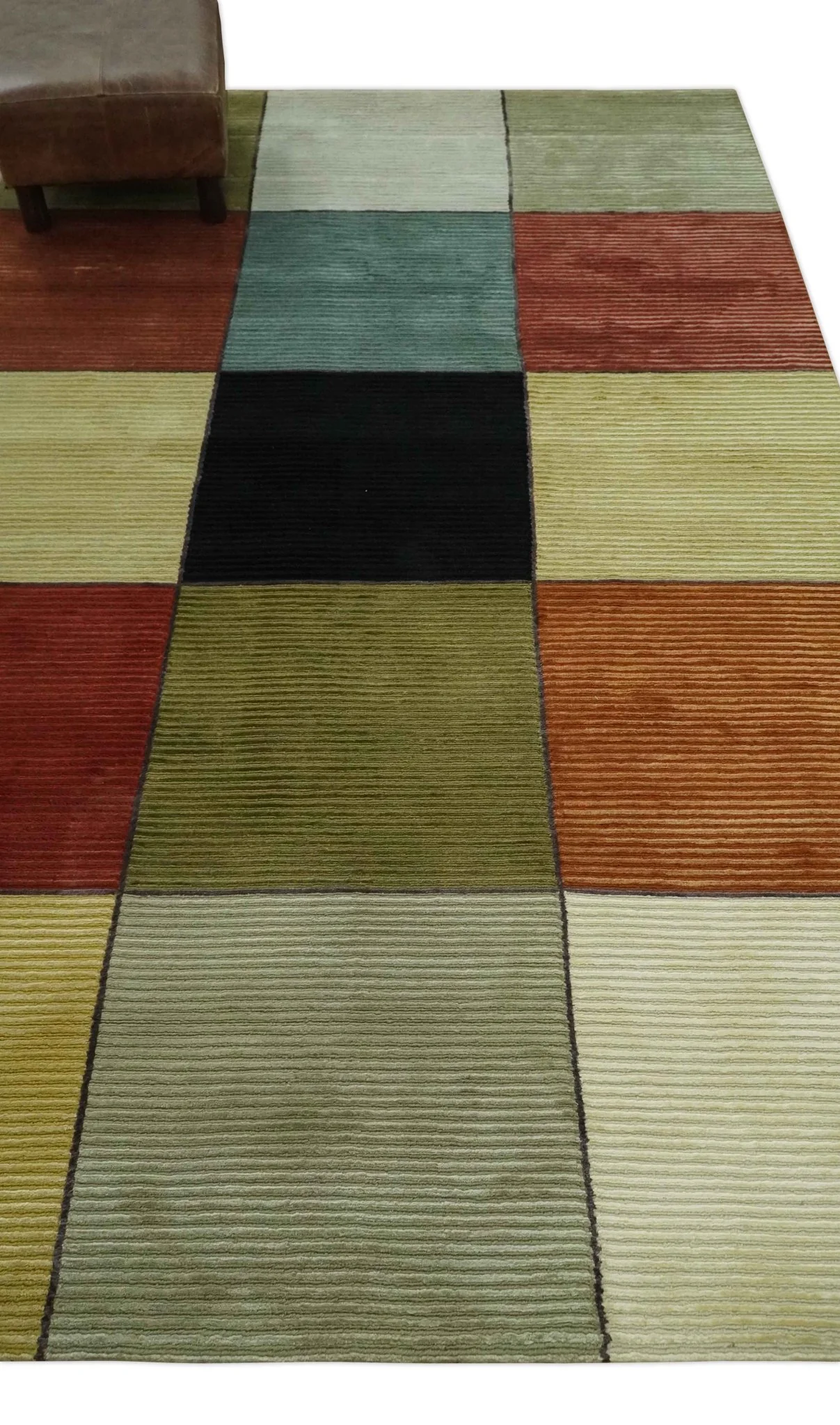 Geometrical Square Shape Black, Olive, Rust and Silver Stripes 5x8 wool and Art Silk rug - Image 4