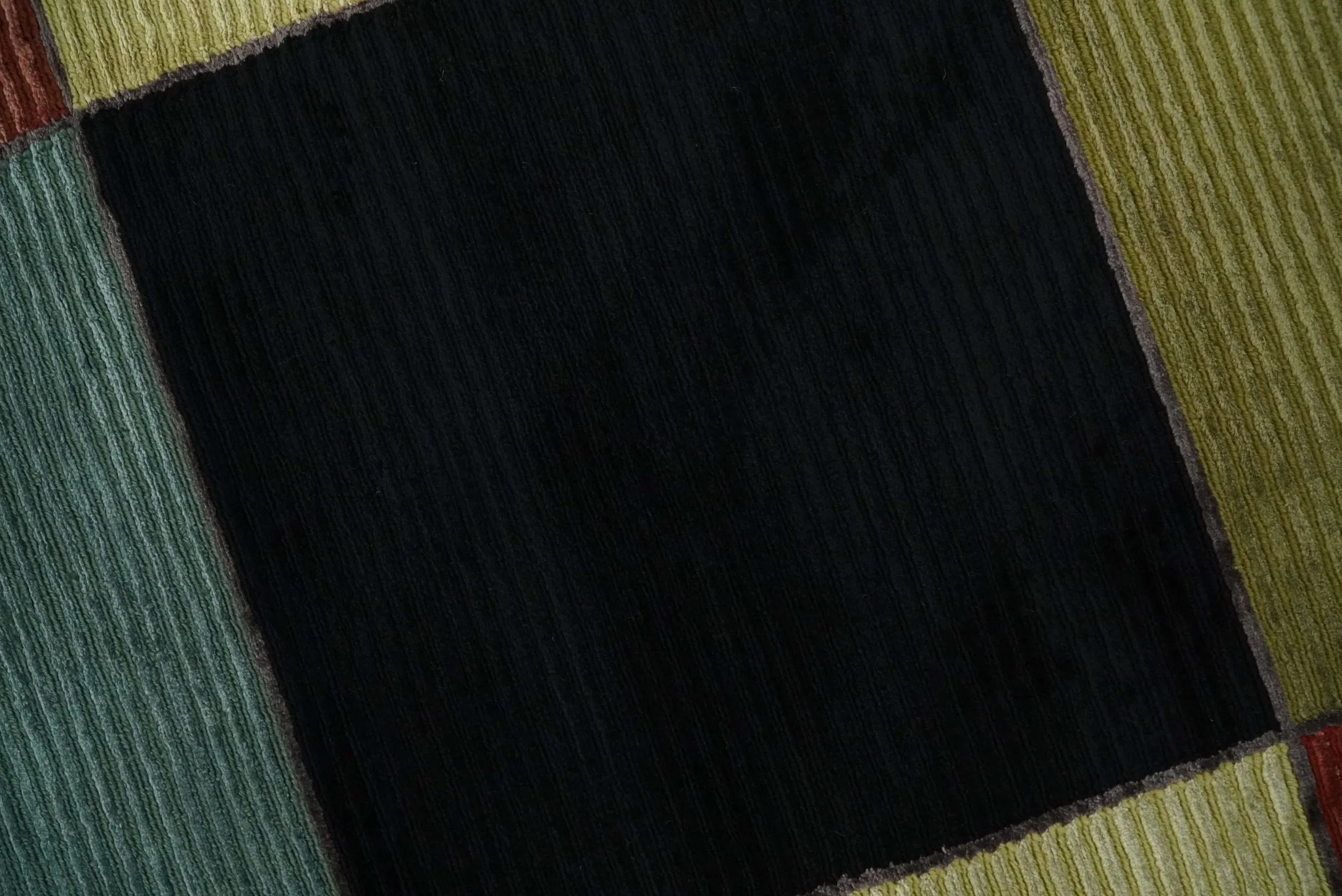Geometrical Square Shape Black, Olive, Rust and Silver Stripes 5x8 wool and Art Silk rug - Image 5
