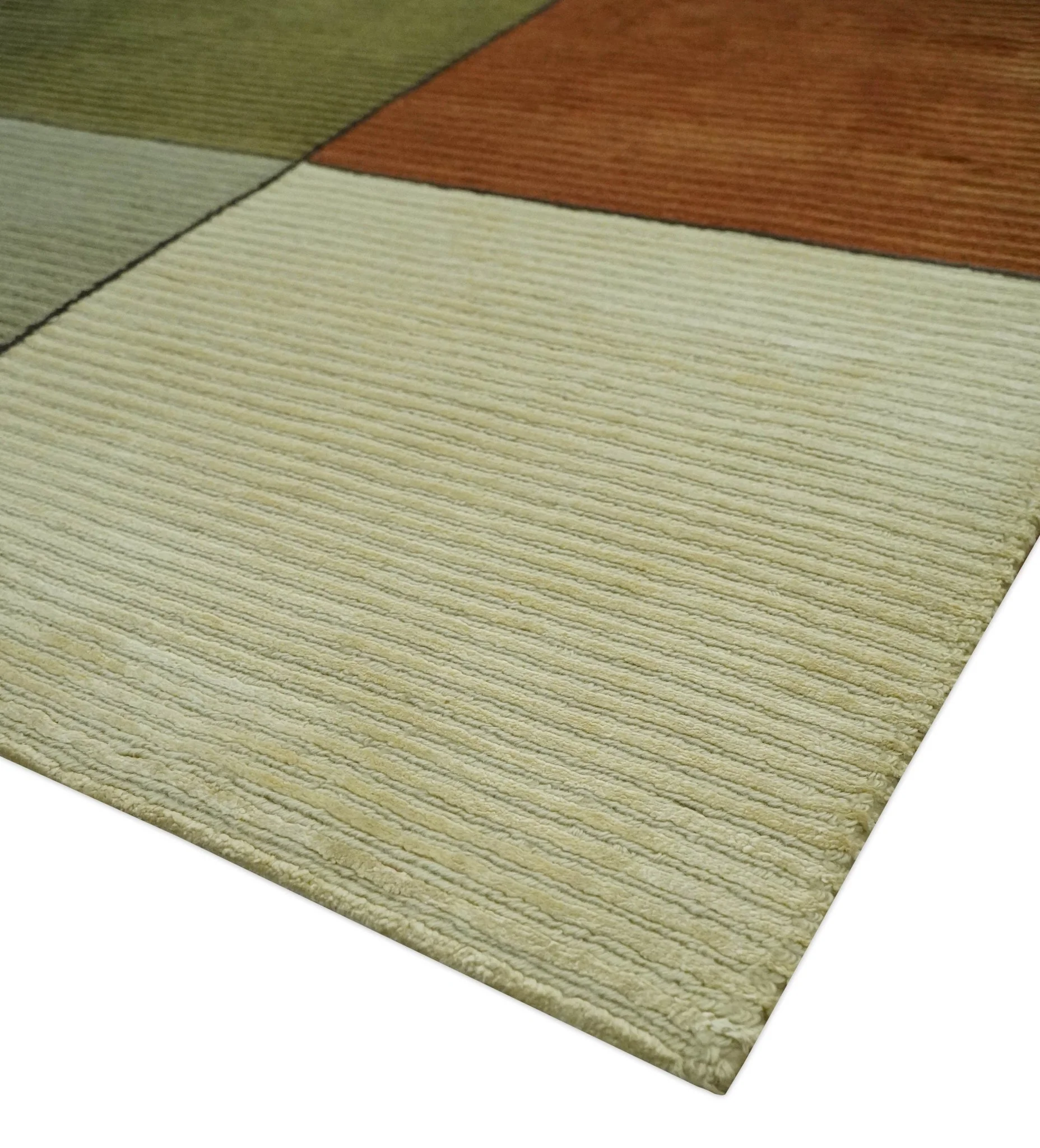 Geometrical Square Shape Black, Olive, Rust and Silver Stripes 5x8 wool and Art Silk rug - Image 6