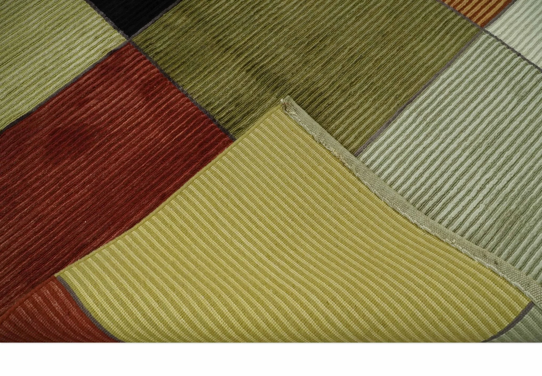 Geometrical Square Shape Black, Olive, Rust and Silver Stripes 5x8 wool and Art Silk rug - Image 8